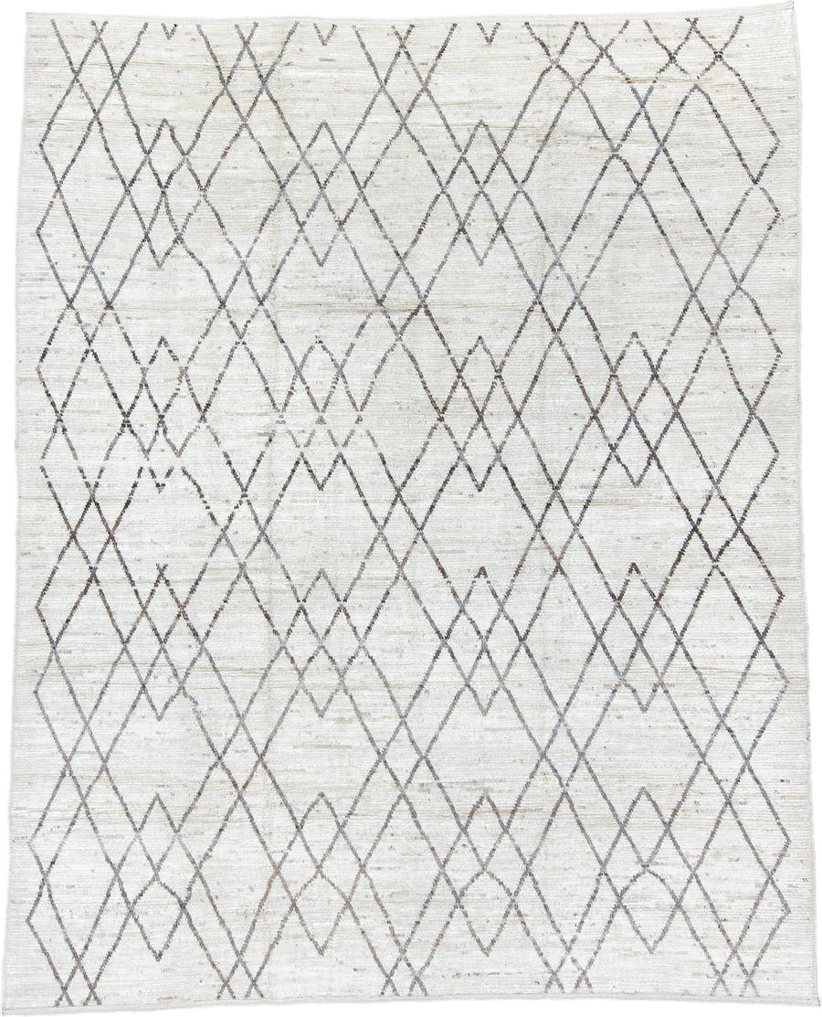 9' x 11' one-of-a-kind handmade vintage Tulu large size rug. Color palette: ivory, taupe, charcoal, cream, beige, gray