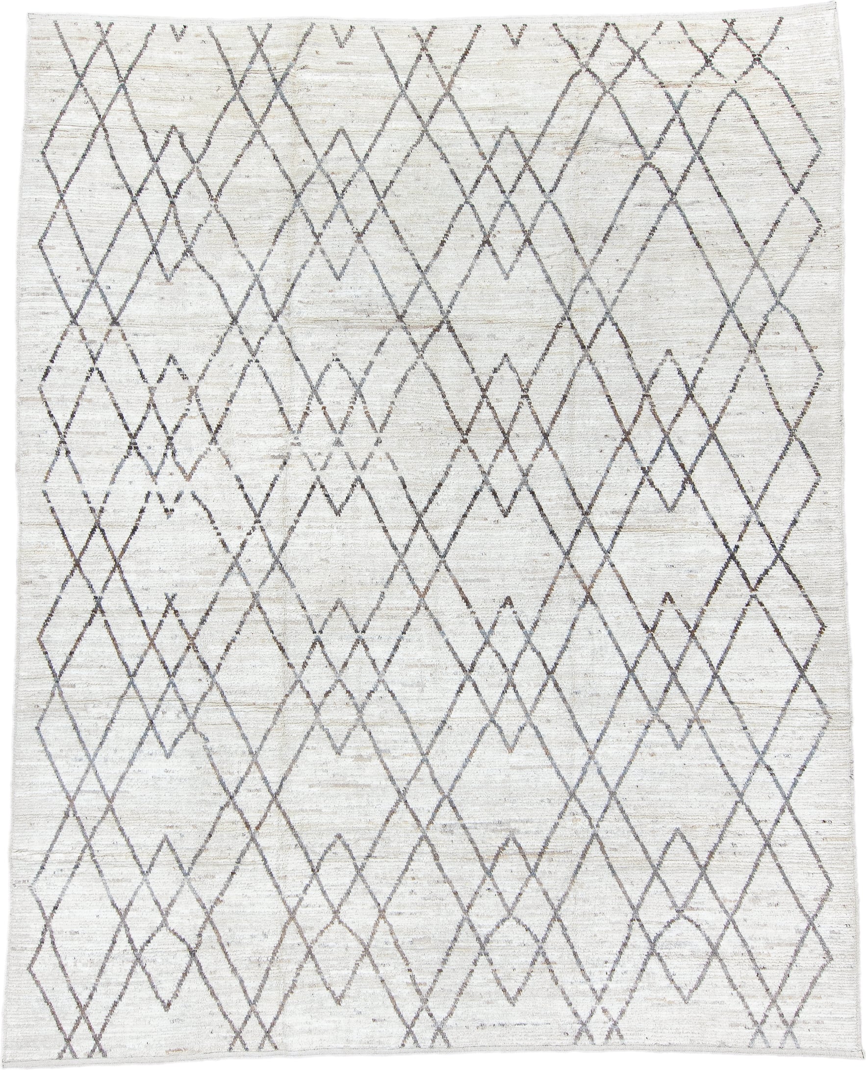 9' x 11' one-of-a-kind handmade vintage Tulu large size rug. Color palette: ivory, taupe, charcoal, cream, beige, gray