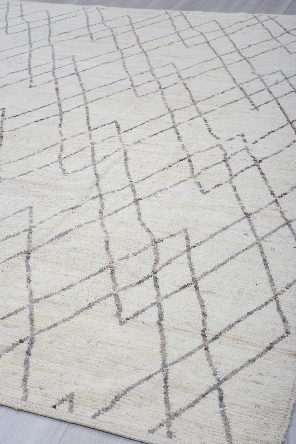 9' x 11' one-of-a-kind handmade vintage Tulu large size rug. Color palette: ivory, taupe, charcoal, cream, beige, gray