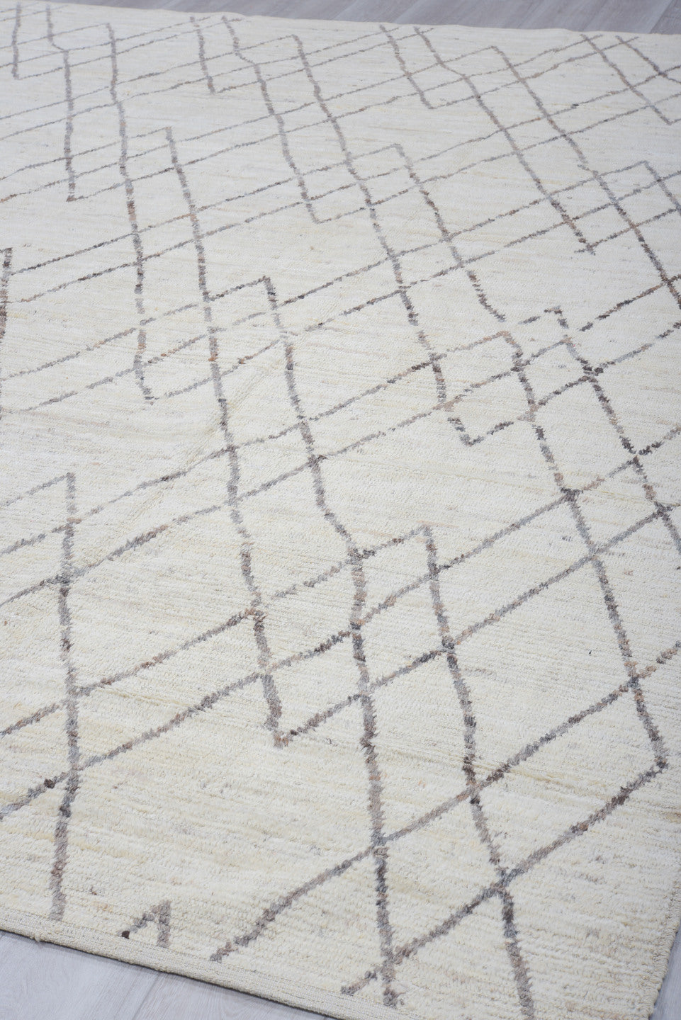 9' x 11' one-of-a-kind handmade vintage Tulu large size rug. Color palette: ivory, taupe, charcoal, cream, beige, gray