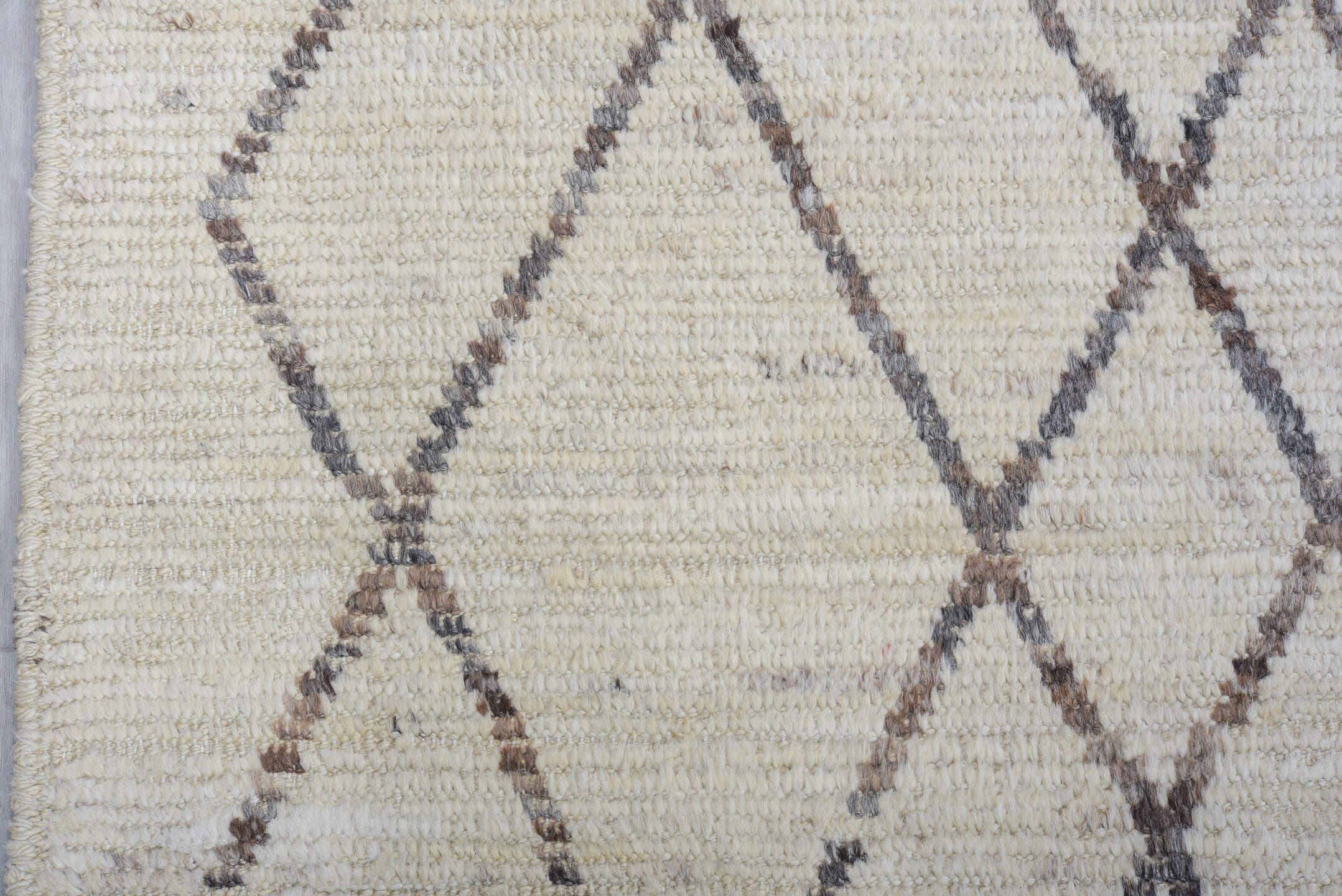 9' x 11' one-of-a-kind handmade vintage Tulu large size rug. Color palette: ivory, taupe, charcoal, cream, beige, gray