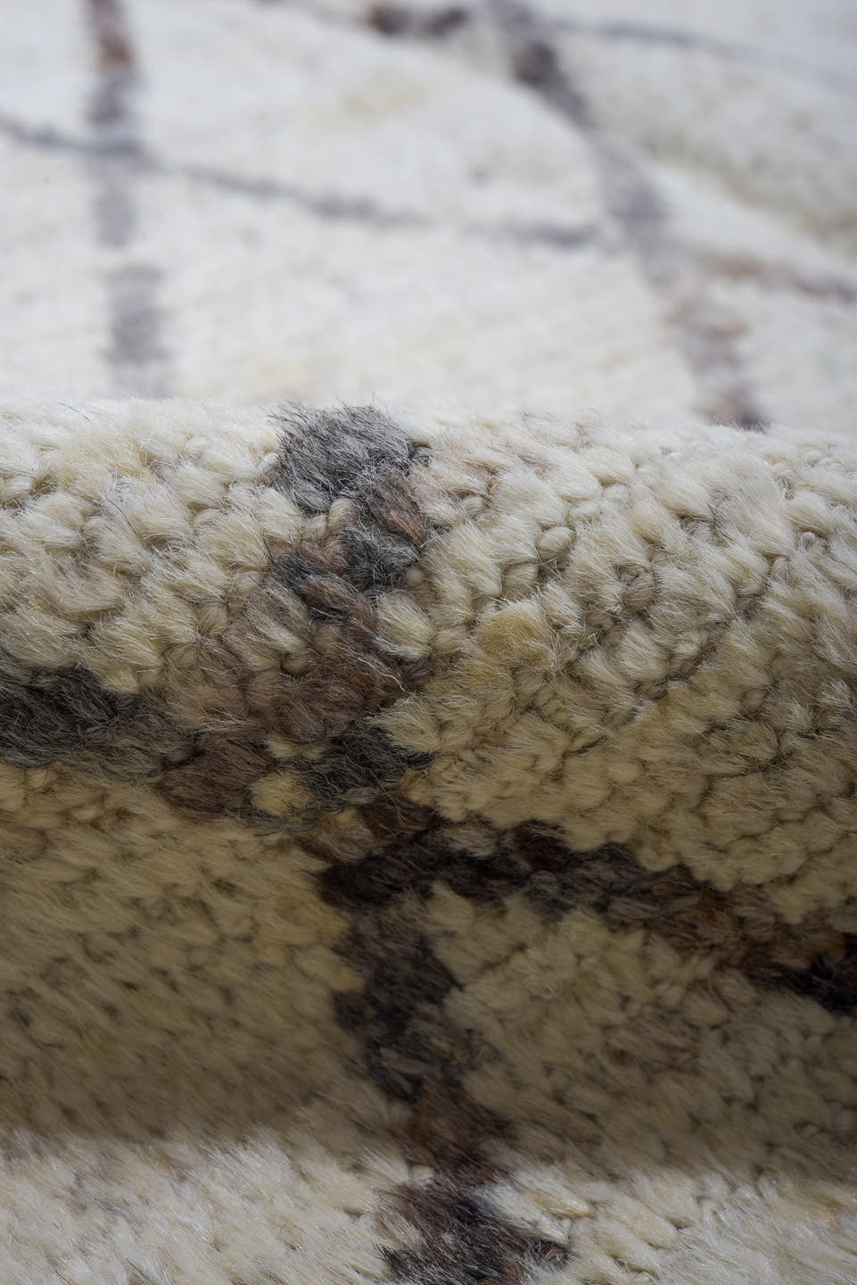 9' x 11' one-of-a-kind handmade vintage Tulu large size rug. Color palette: ivory, taupe, charcoal, cream, beige, gray
