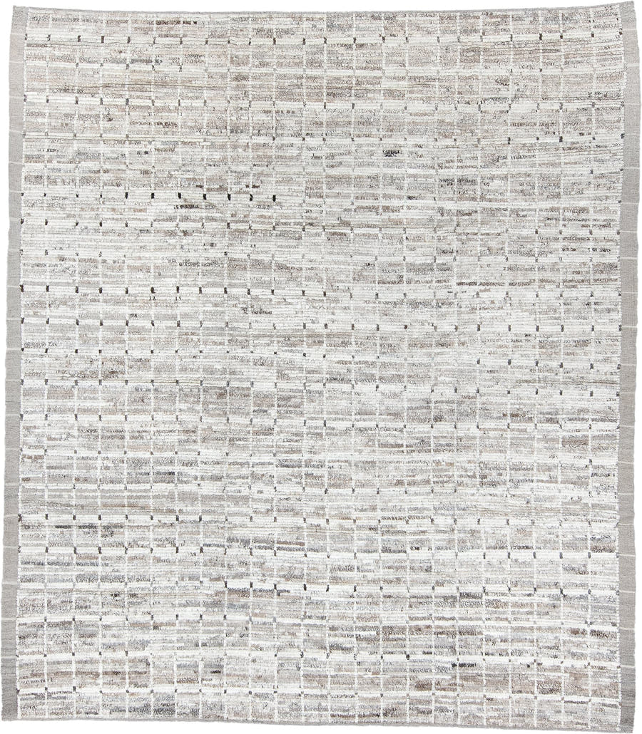 8' x 9' one-of-a-kind handmade vintage Tulu rug. Color palette: ivory, taupe, beige, gray, charcoal, black