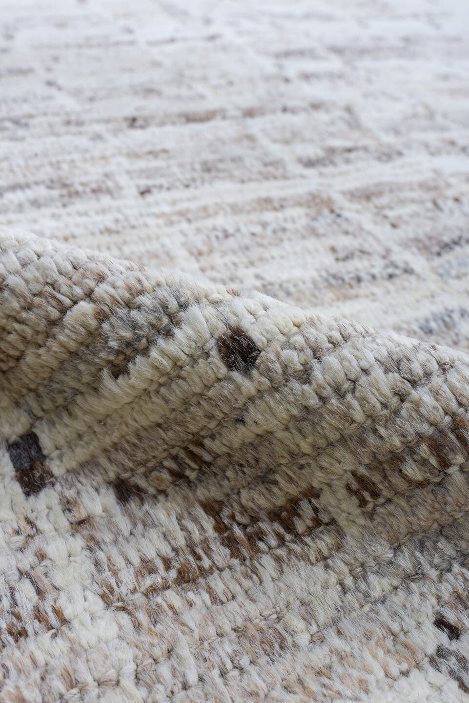 8' x 9' one-of-a-kind handmade vintage Tulu rug. Color palette: ivory, taupe, beige, gray, charcoal, black