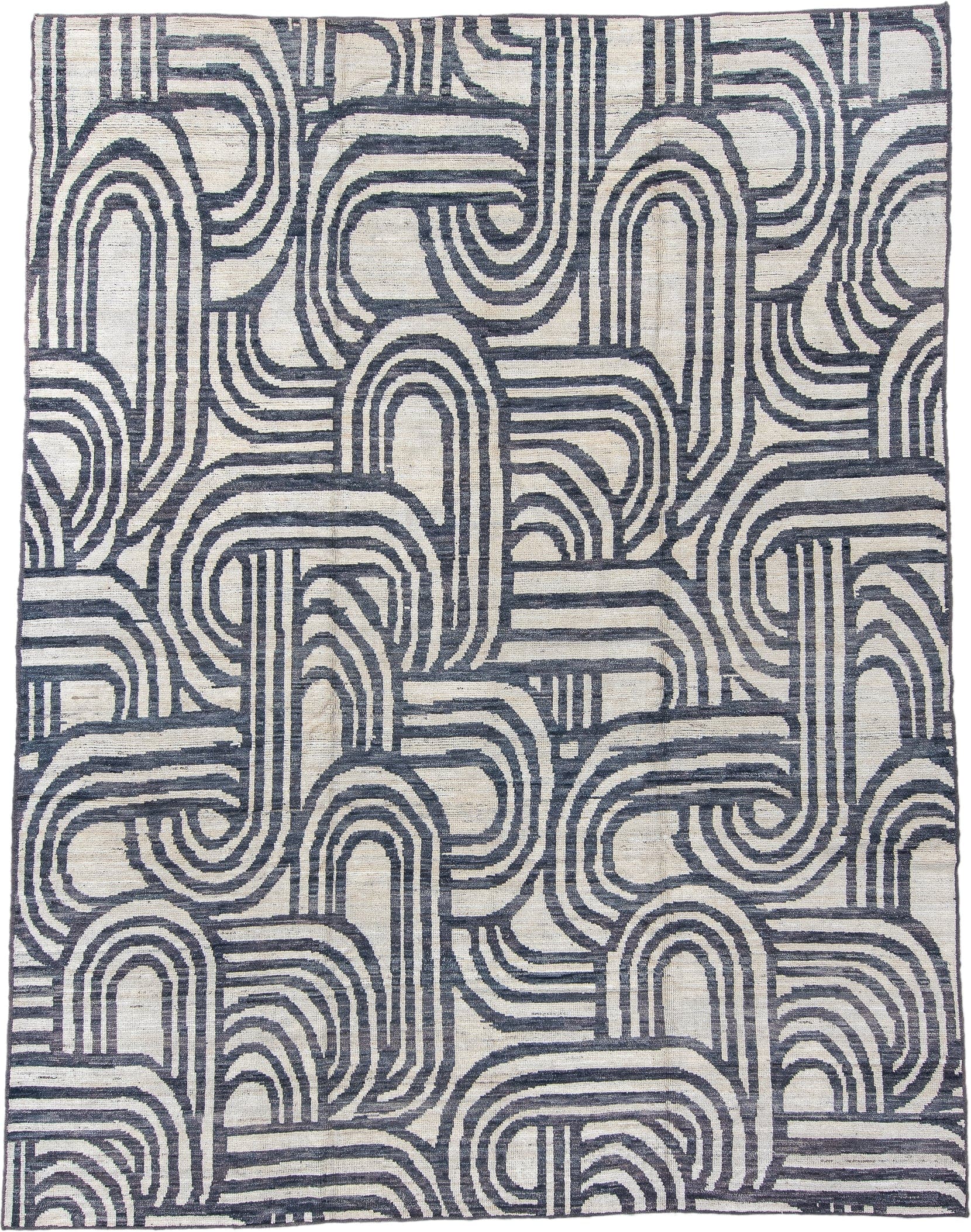 9' x 11' one-of-a-kind handmade vintage Tulu large size rug. Color palette: ivory, charcoal, slate, gray, black