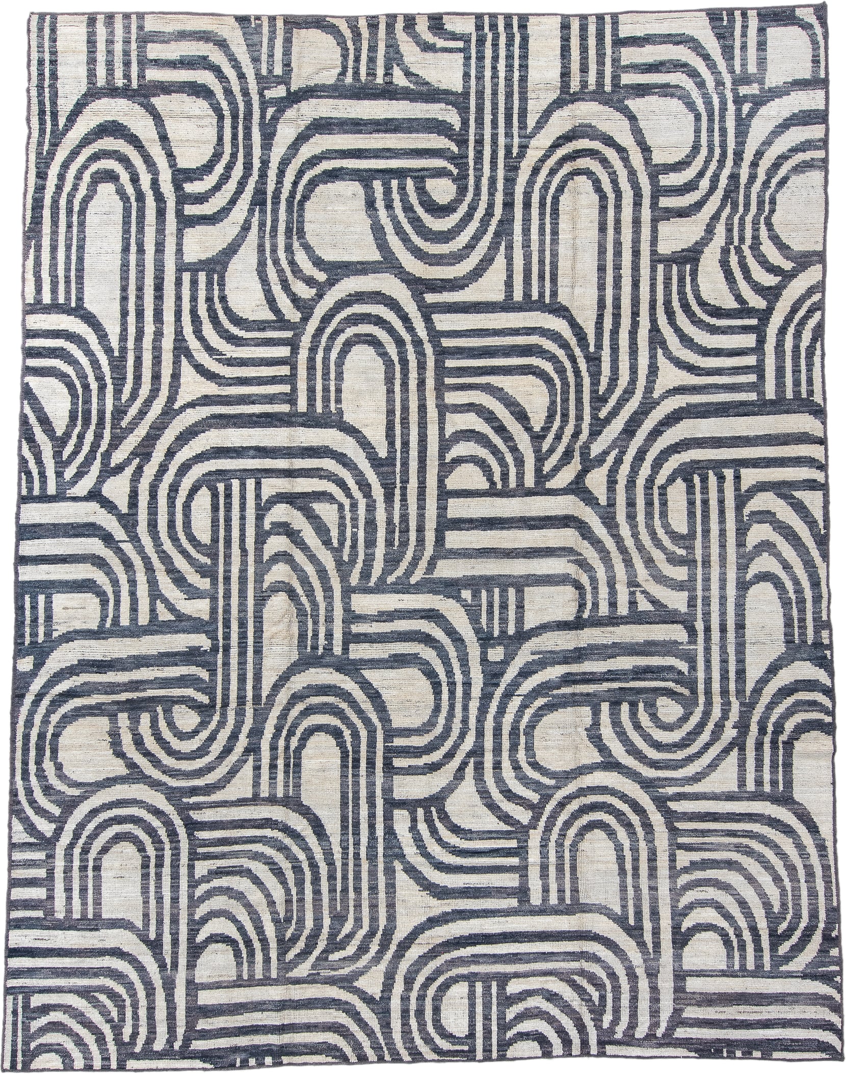 9' x 11' one-of-a-kind handmade vintage Tulu large size rug. Color palette: ivory, charcoal, slate, gray, black