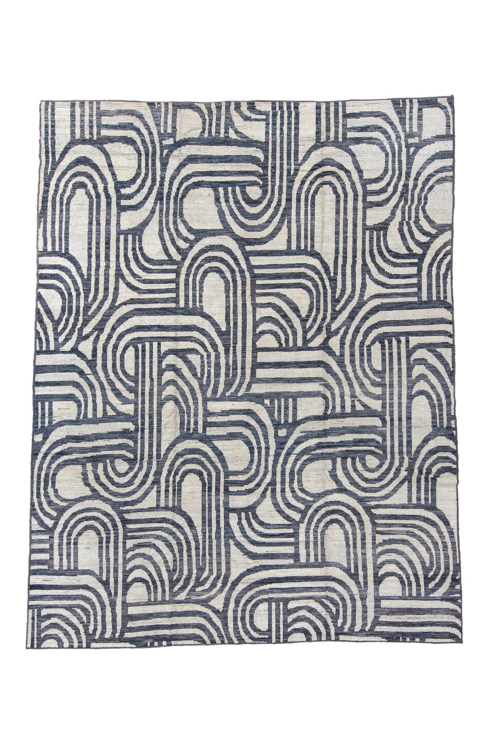 9' x 11' one-of-a-kind handmade vintage Tulu large size rug. Color palette: black, blue, charcoal, dark gray, gray