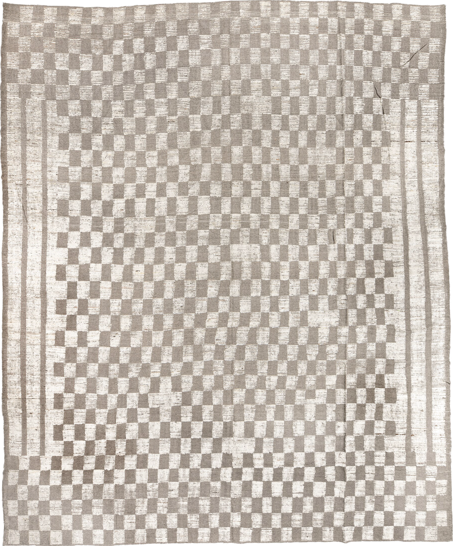 13' x 16' one-of-a-kind handmade vintage Tulu oversize rug. Color palette: ivory, taupe, beige, gray