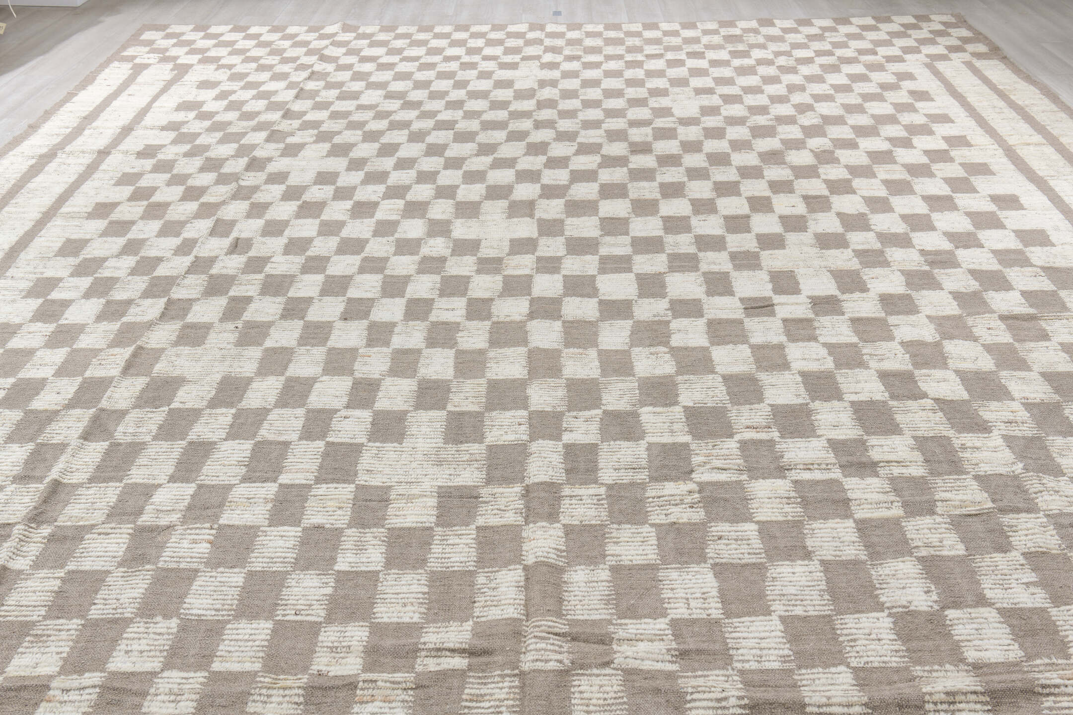 13' x 16' one-of-a-kind handmade vintage Tulu oversize rug. Color palette: floral white, gainsboro, gray, light gray, linen