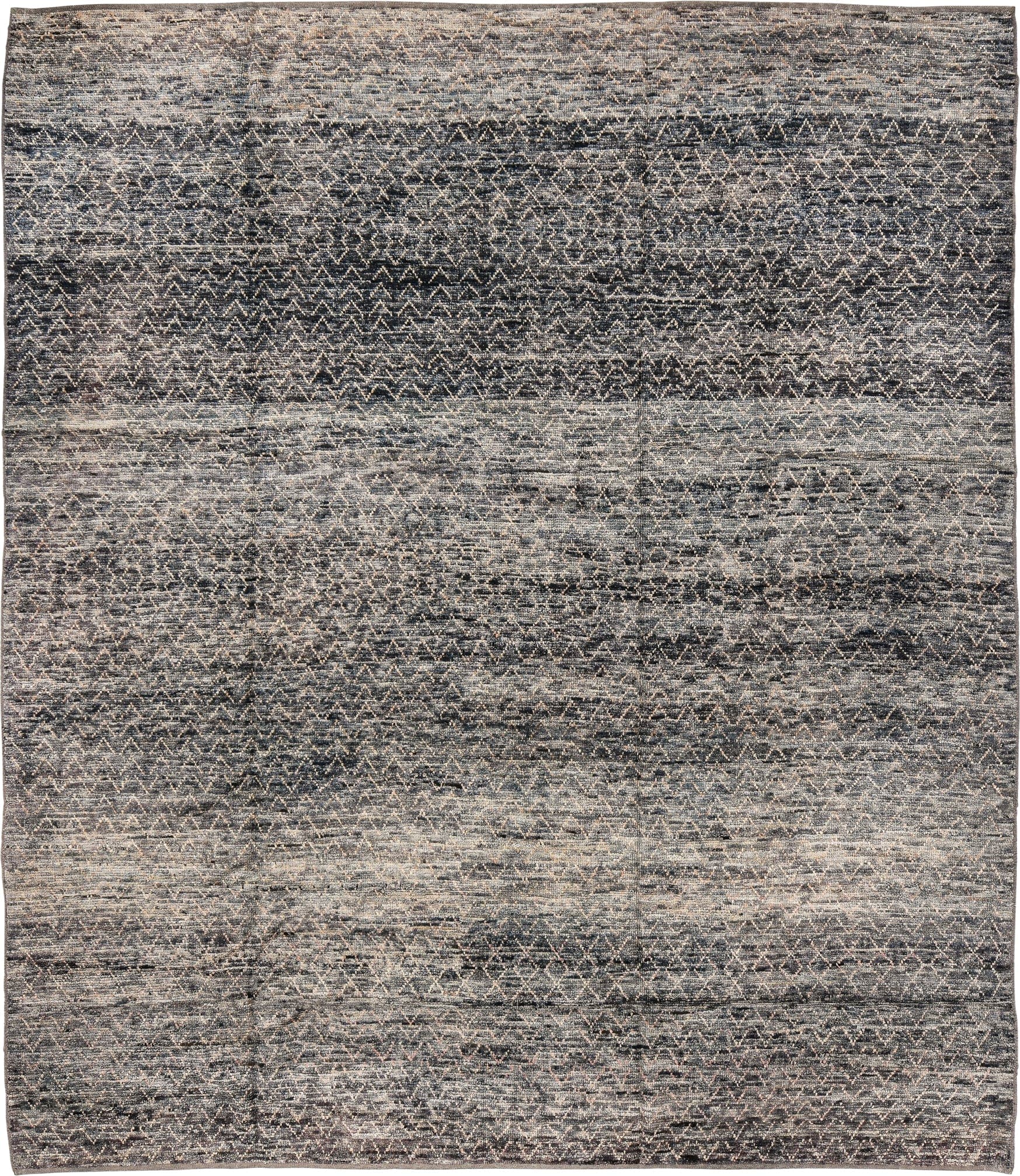 8' x 10' one-of-a-kind handmade vintage Tulu large size rug. Color palette: charcoal, ivory, taupe, gray, slate, black