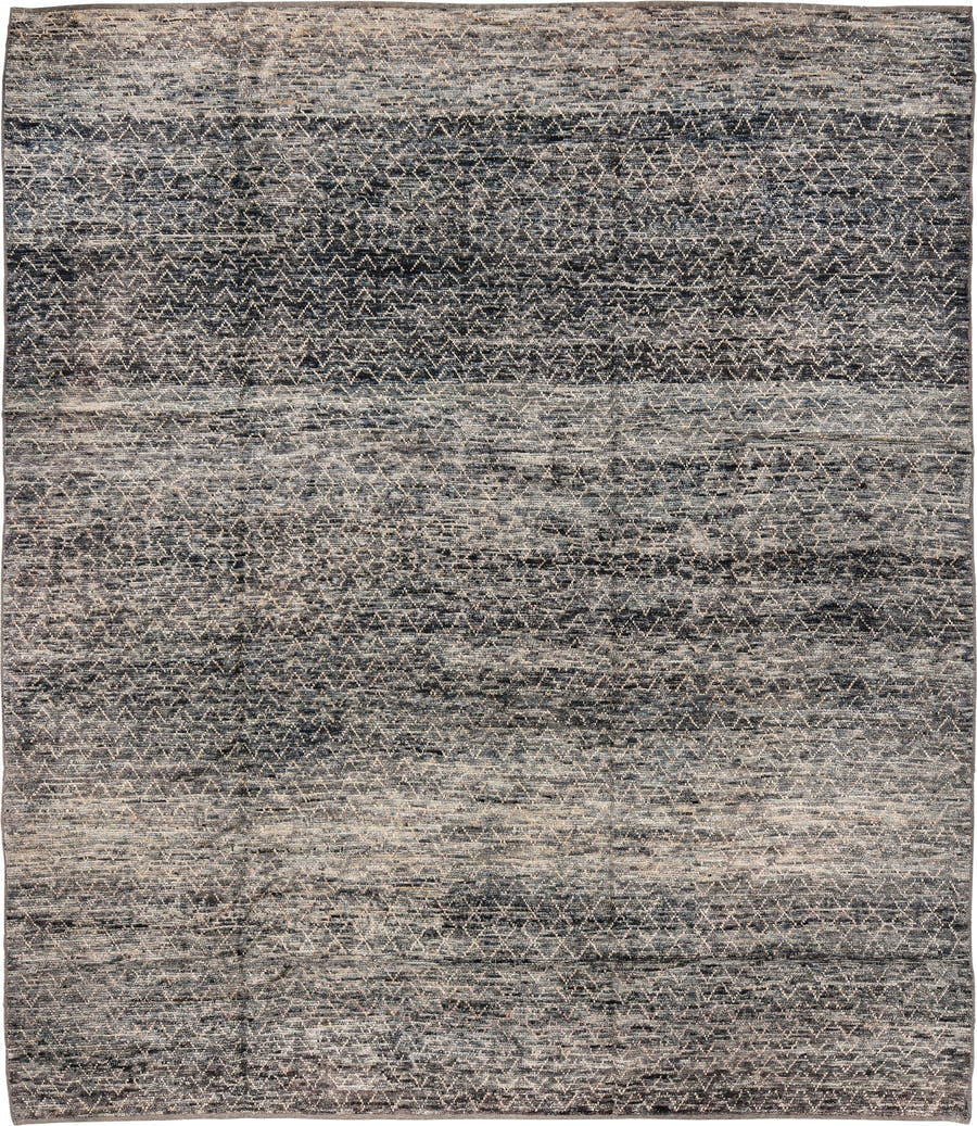 8' x 10' one-of-a-kind handmade vintage Tulu large size rug. Color palette: charcoal, ivory, taupe, gray, slate, black