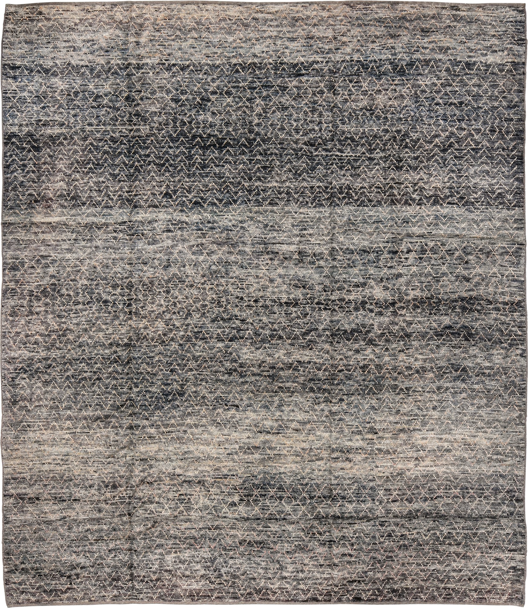 8' x 10' one-of-a-kind handmade vintage Tulu large size rug. Color palette: charcoal, ivory, taupe, gray, slate, black