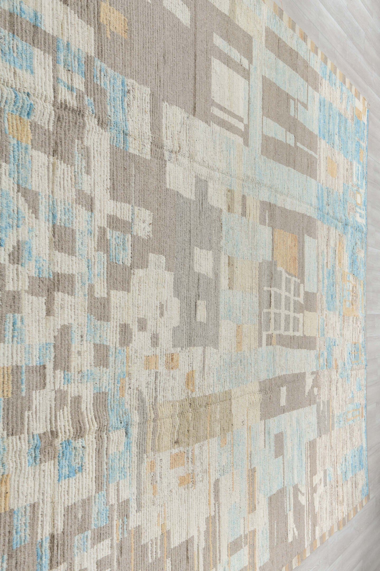10' x 14' one-of-a-kind handmade vintage Tulu large size rug. Color palette: ivory, taupe, sky blue, beige, light gray, gray