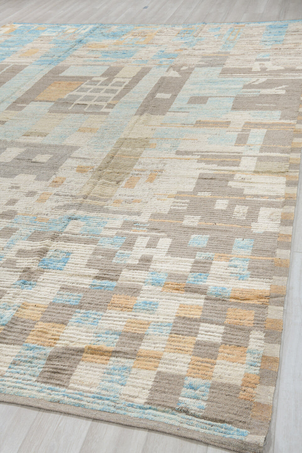 10' x 14' one-of-a-kind handmade vintage Tulu large size rug. Color palette: ivory, taupe, sky blue, beige, light gray, gray