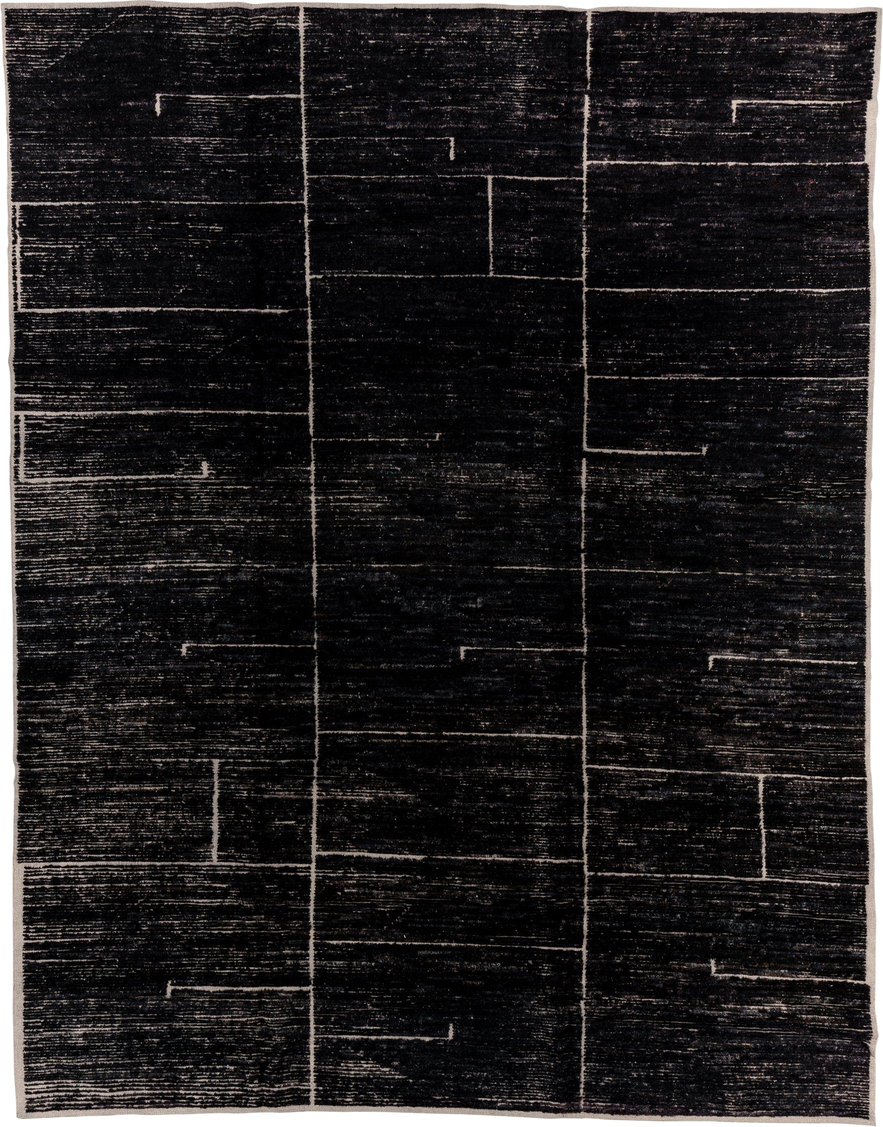 9' x 12' one-of-a-kind handmade vintage Tulu large size rug. Color palette: charcoal, ivory, ebony, taupe, gray, black