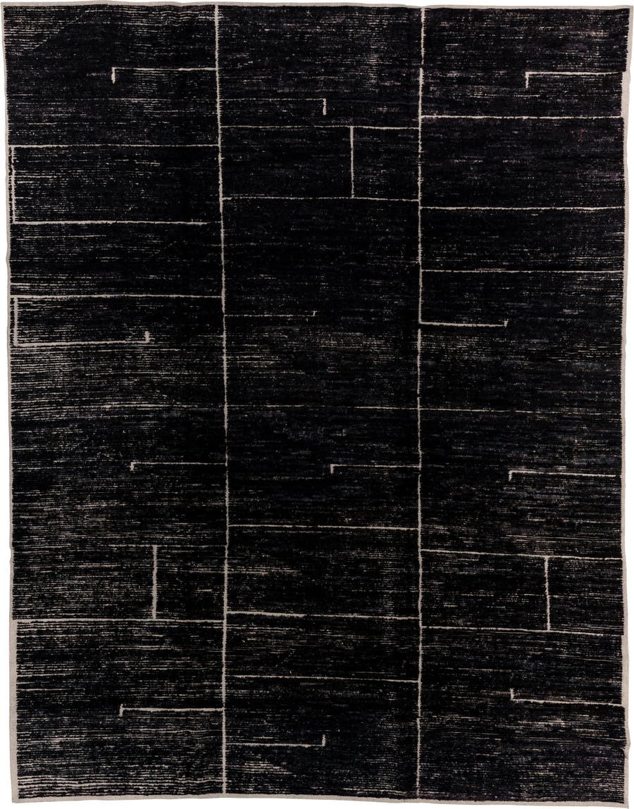 9' x 12' one-of-a-kind handmade vintage Tulu large size rug. Color palette: charcoal, ivory, ebony, taupe, gray, black