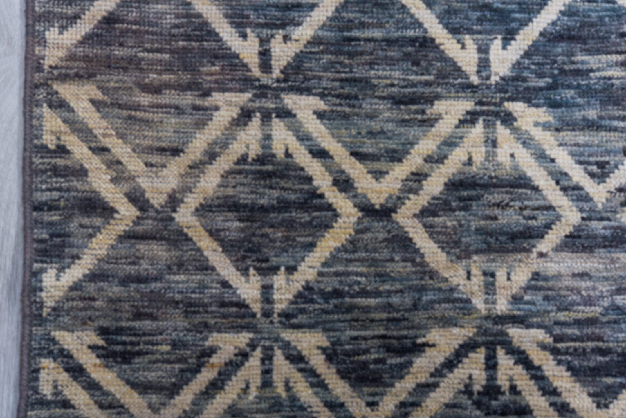 13' x 17' one-of-a-kind handmade vintage Tulu oversize rug. Color palette: blue, ivory, slate, denim, gray