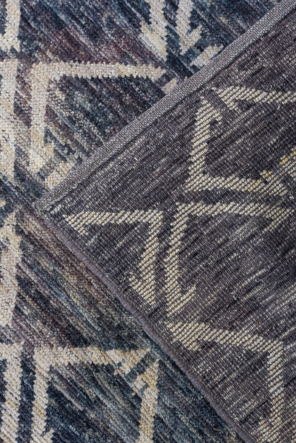 13' x 17' one-of-a-kind handmade vintage Tulu oversize rug. Color palette: blue, dark gray, gainsboro, gray, light gray