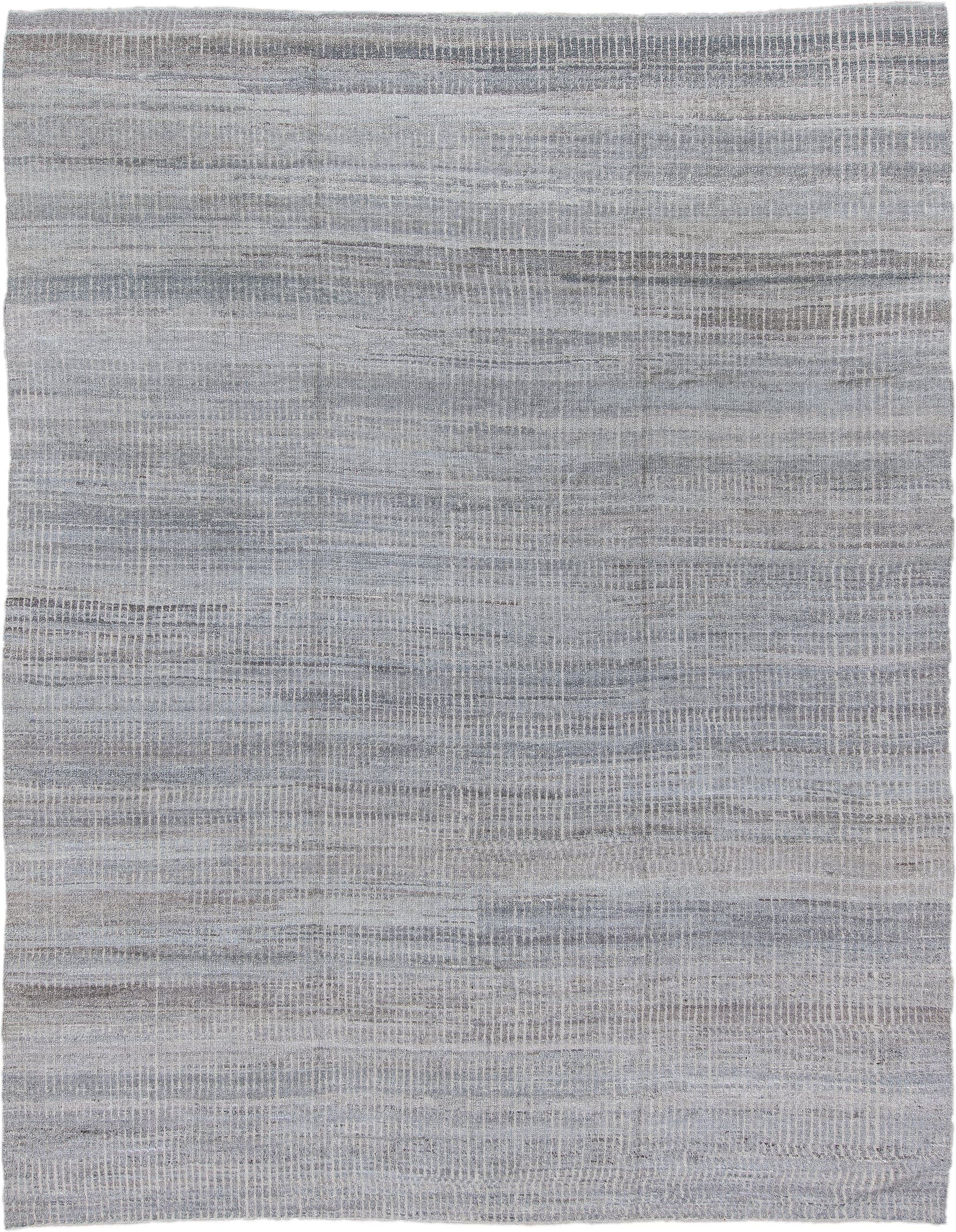 9' x 12' one-of-a-kind handmade vintage Tulu large size rug. Color palette: gray, ivory, taupe, charcoal, beige, black
