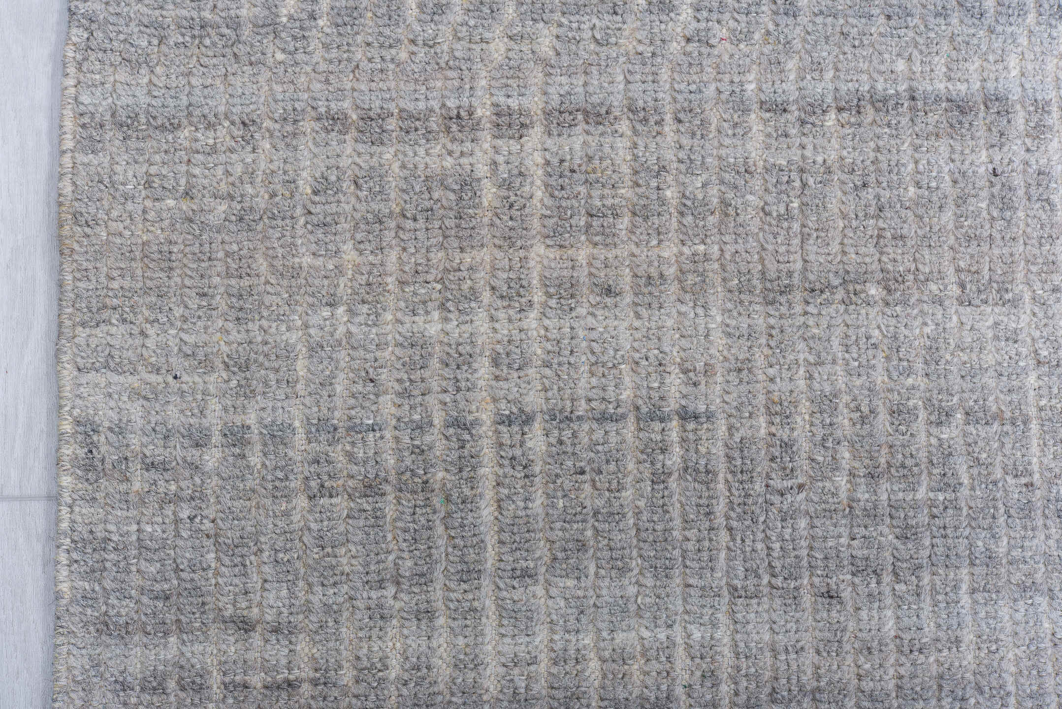 9' x 12' one-of-a-kind handmade vintage Tulu large size rug. Color palette: gray, ivory, taupe, charcoal, beige, black