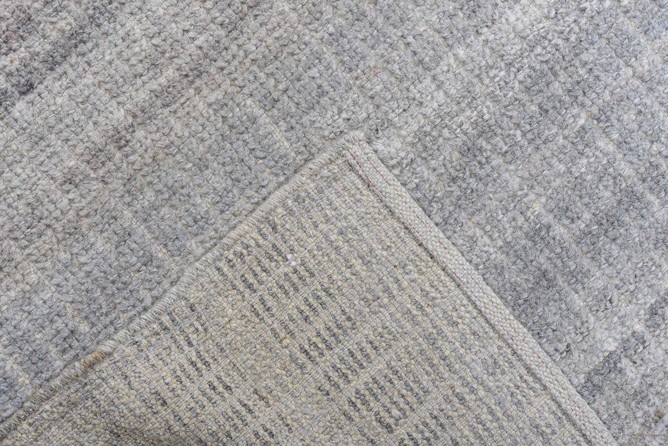 9' x 12' one-of-a-kind handmade vintage Tulu large size rug. Color palette: gray, ivory, taupe, charcoal, beige, black