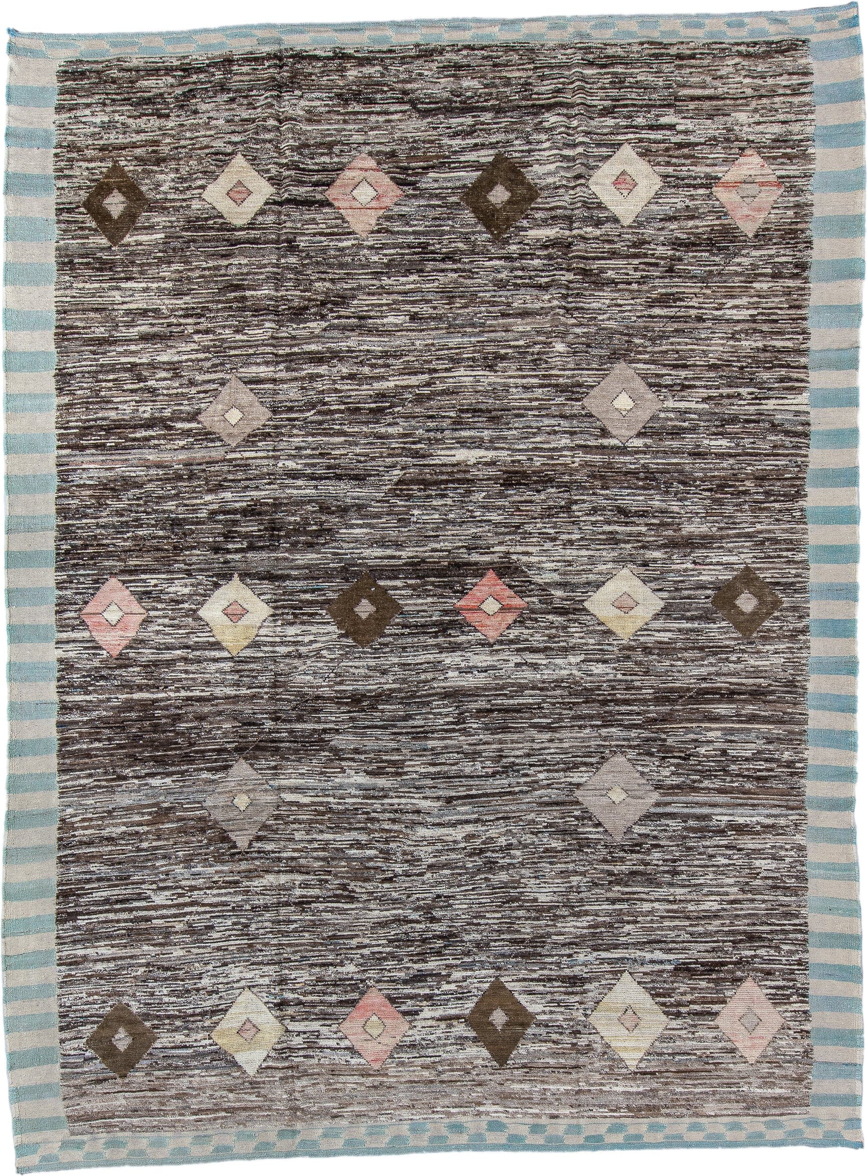 10' x 13' one-of-a-kind handmade vintage Tulu large size rug. Color palette: brown, ivory, aqua, taupe, blush, cream, teal