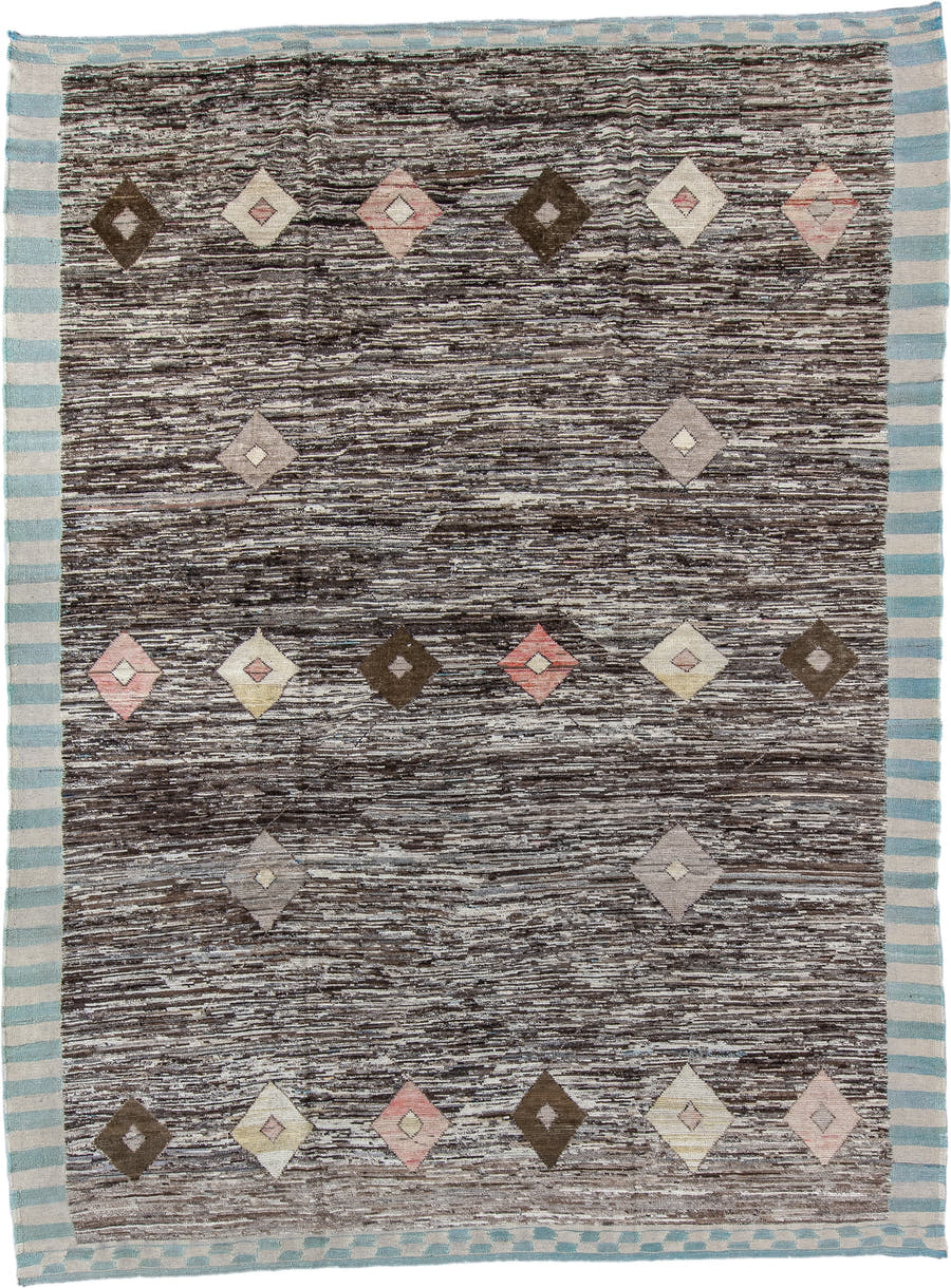 10' x 13' one-of-a-kind handmade vintage Tulu large size rug. Color palette: brown, ivory, aqua, taupe, blush, cream, teal