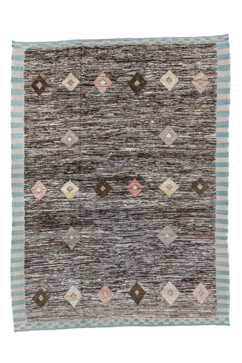 10' x 13' one-of-a-kind handmade vintage Tulu large size rug. Color palette: black, blue, brown, dark gray, dim gray