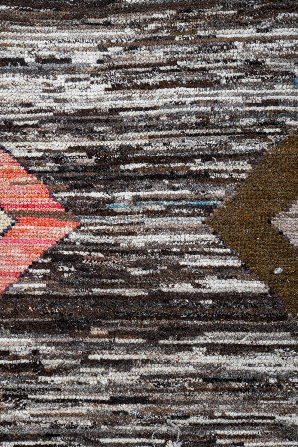 10' x 13' one-of-a-kind handmade vintage Tulu large size rug. Color palette: brown, ivory, aqua, taupe, blush, cream, teal