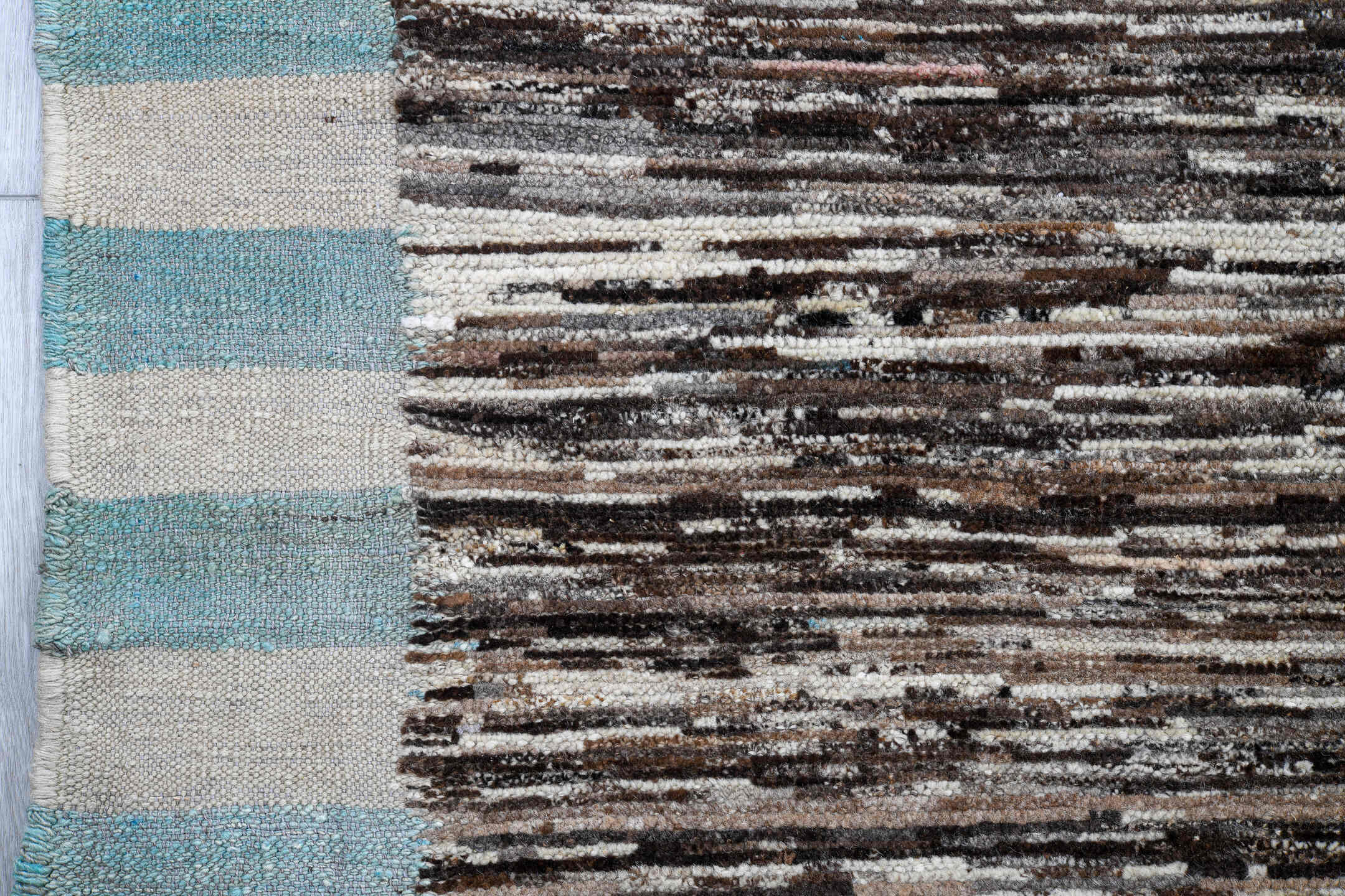 10' x 13' one-of-a-kind handmade vintage Tulu large size rug. Color palette: brown, ivory, aqua, taupe, blush, cream, teal