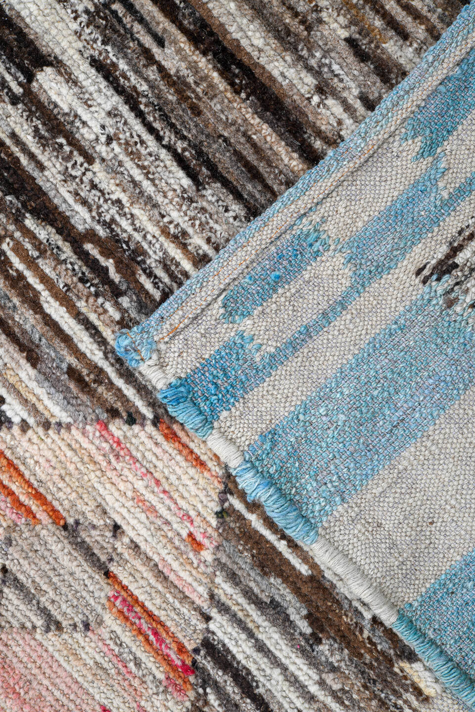 10' x 13' one-of-a-kind handmade vintage Tulu large size rug. Color palette: brown, ivory, aqua, taupe, blush, cream, teal