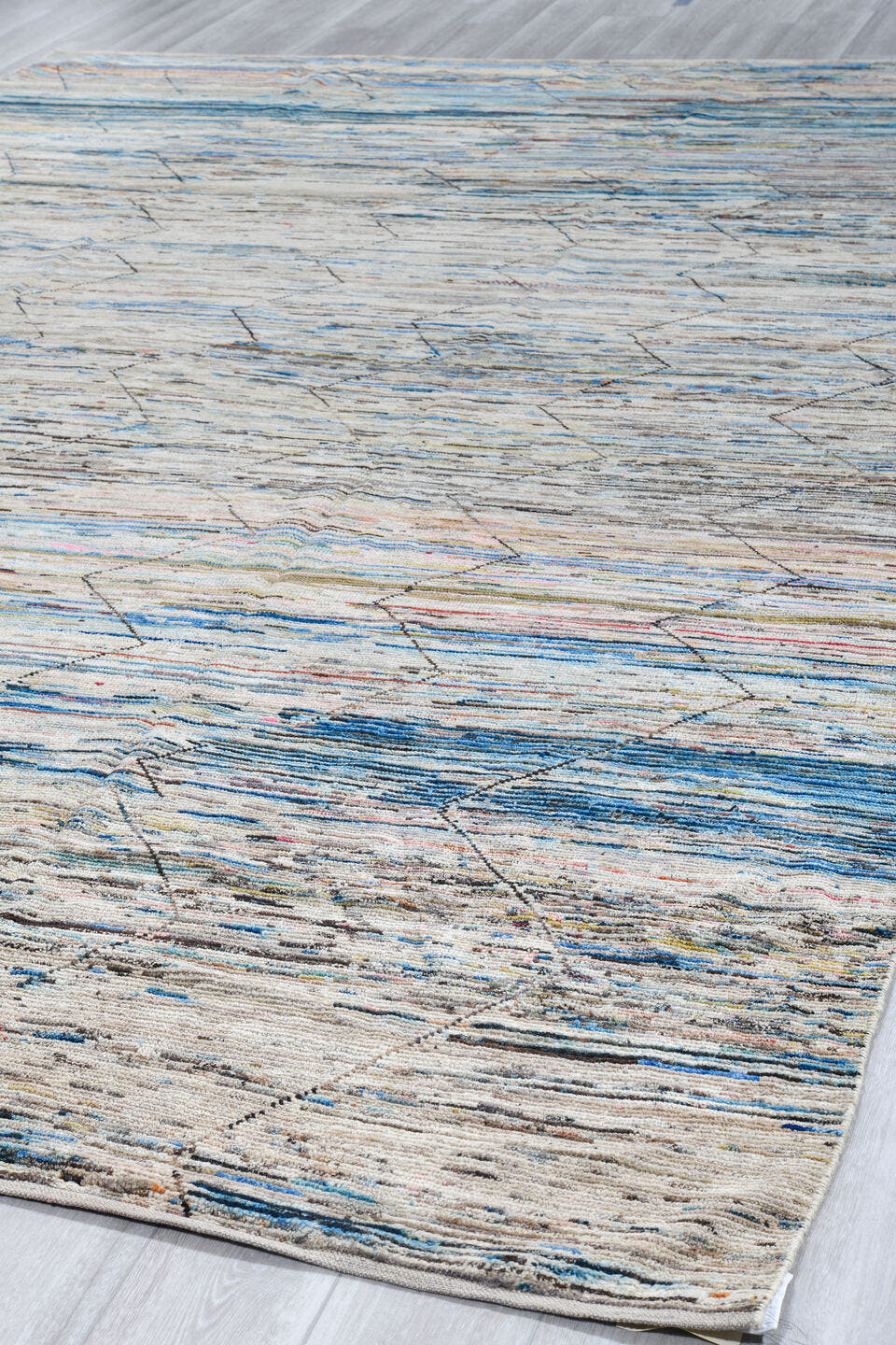 9' x 14' one-of-a-kind handmade vintage Tulu large size rug. Color palette: ivory, sky_blue, slate, taupe, cream, blush