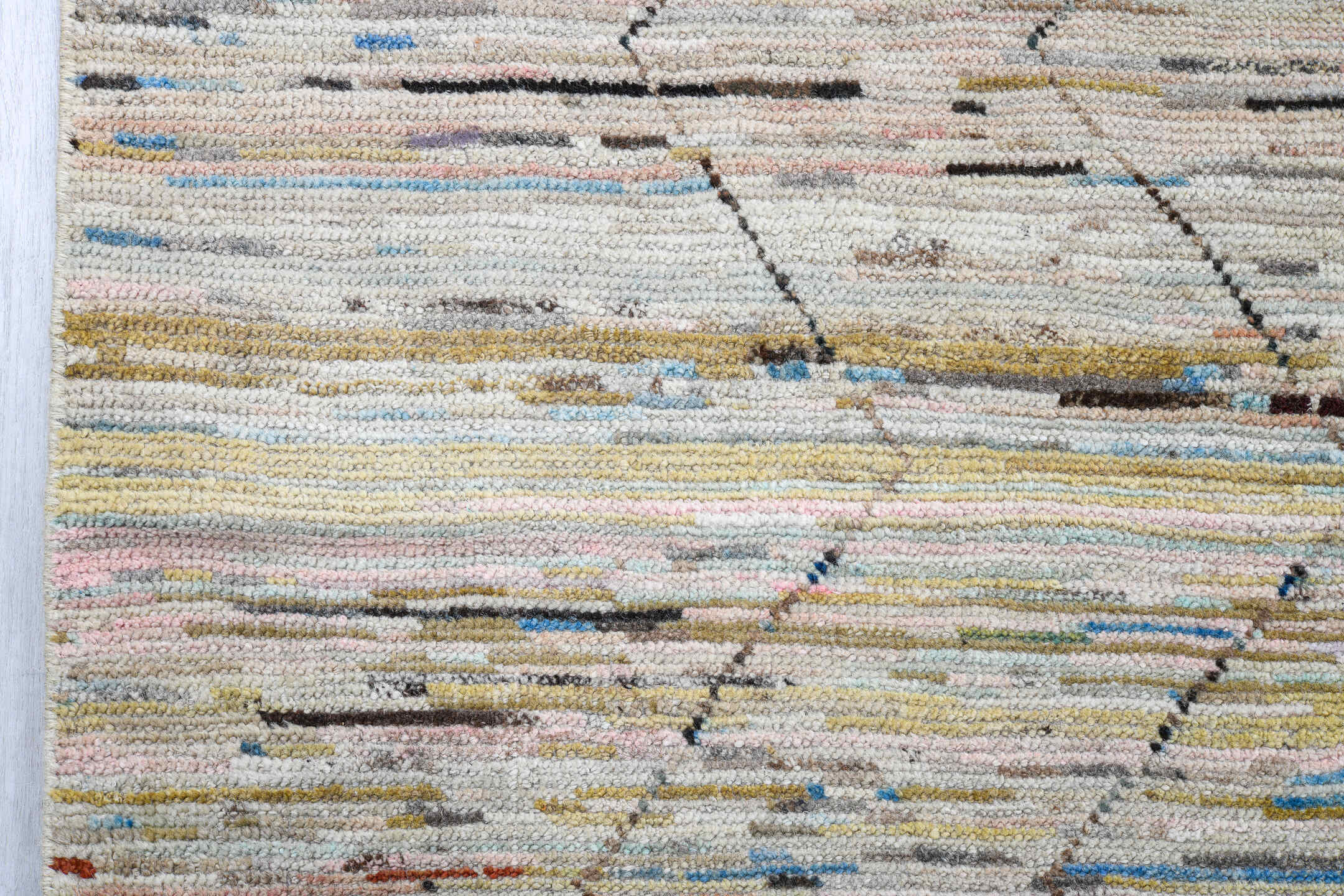 9' x 14' one-of-a-kind handmade vintage Tulu large size rug. Color palette: ivory, sky_blue, slate, taupe, cream, blush
