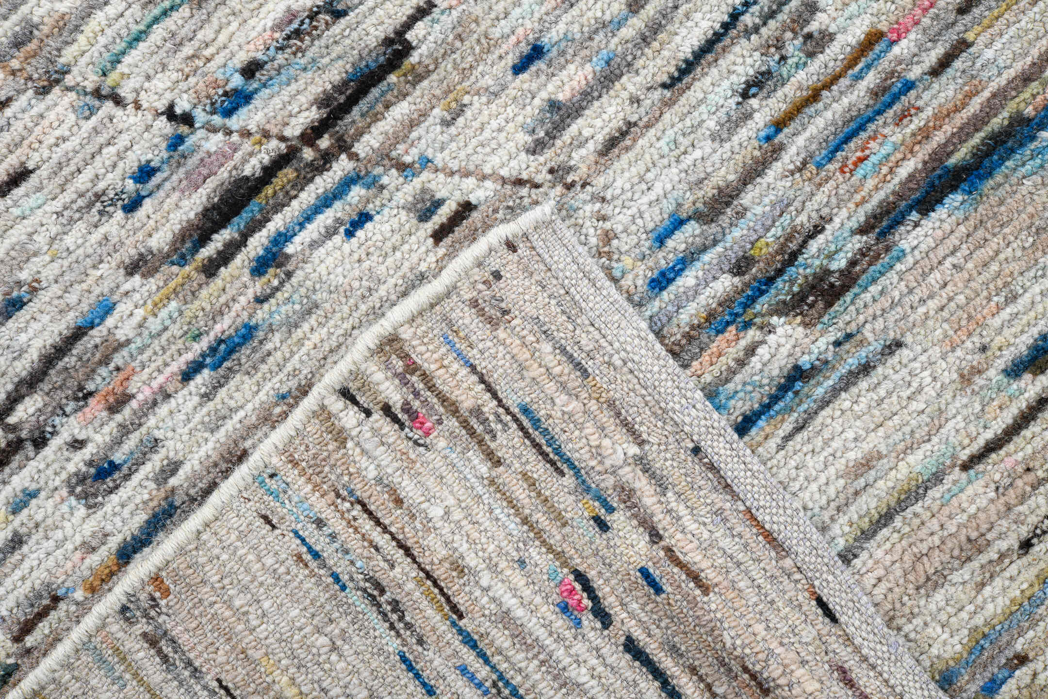 9' x 14' one-of-a-kind handmade vintage Tulu large size rug. Color palette: ivory, sky_blue, slate, taupe, cream, blush