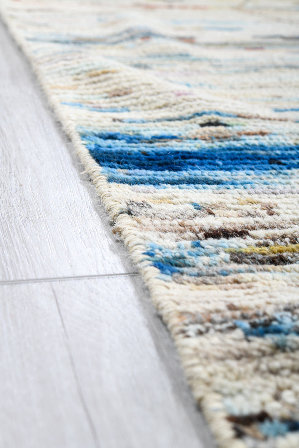 9' x 14' one-of-a-kind handmade vintage Tulu large size rug. Color palette: ivory, sky_blue, slate, taupe, cream, blush