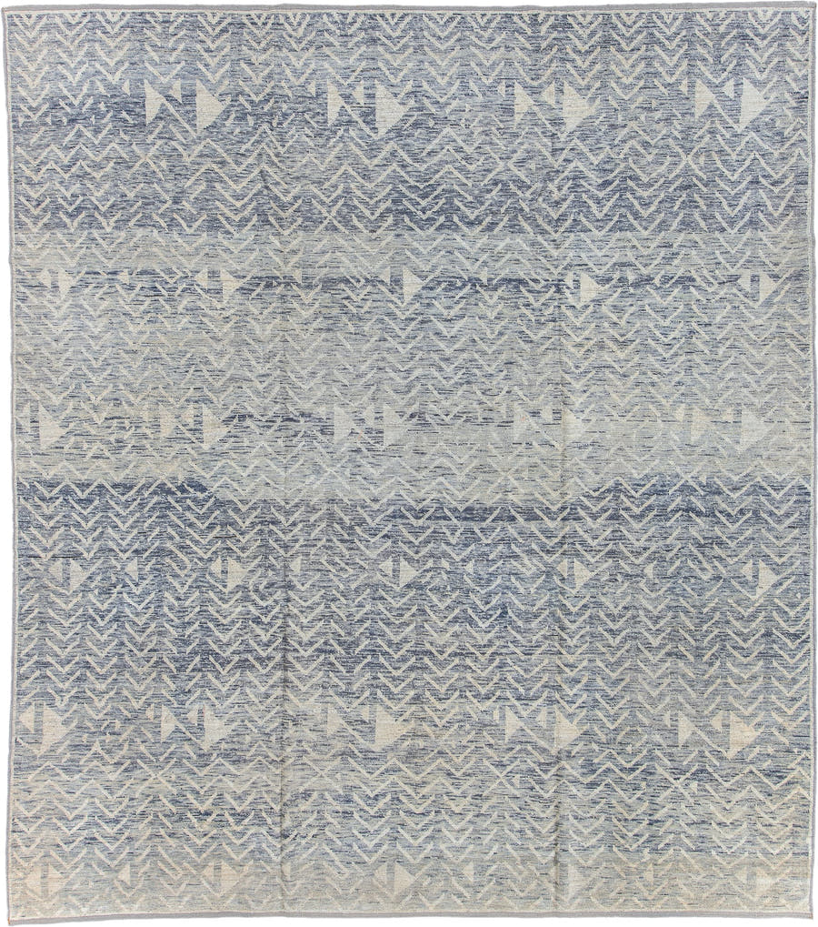 9' x 10' one-of-a-kind handmade vintage Tulu large size rug. Color palette: ivory, slate, pale blue, light gray, gray