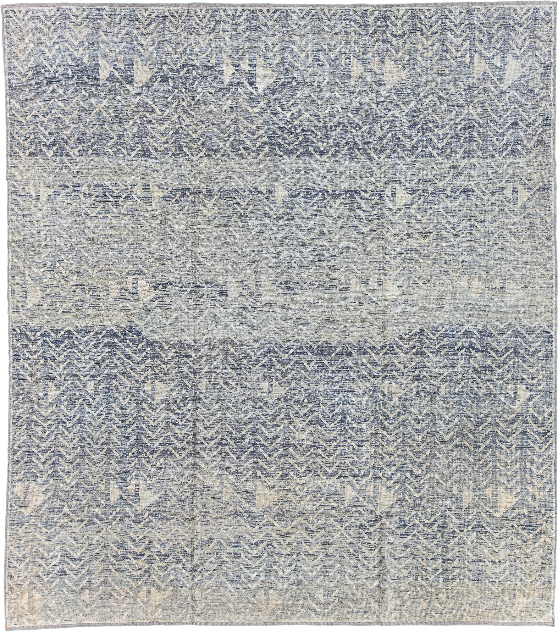 9' x 10' one-of-a-kind handmade vintage Tulu large size rug. Color palette: ivory, slate, pale blue, light gray, gray