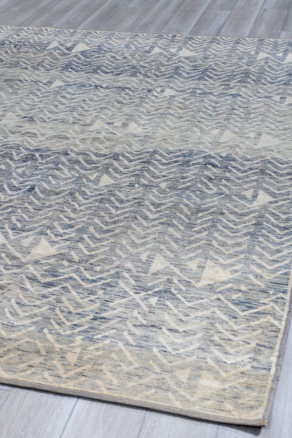 9' x 10' one-of-a-kind handmade vintage Tulu large size rug. Color palette: ivory, slate, pale blue, light gray, gray