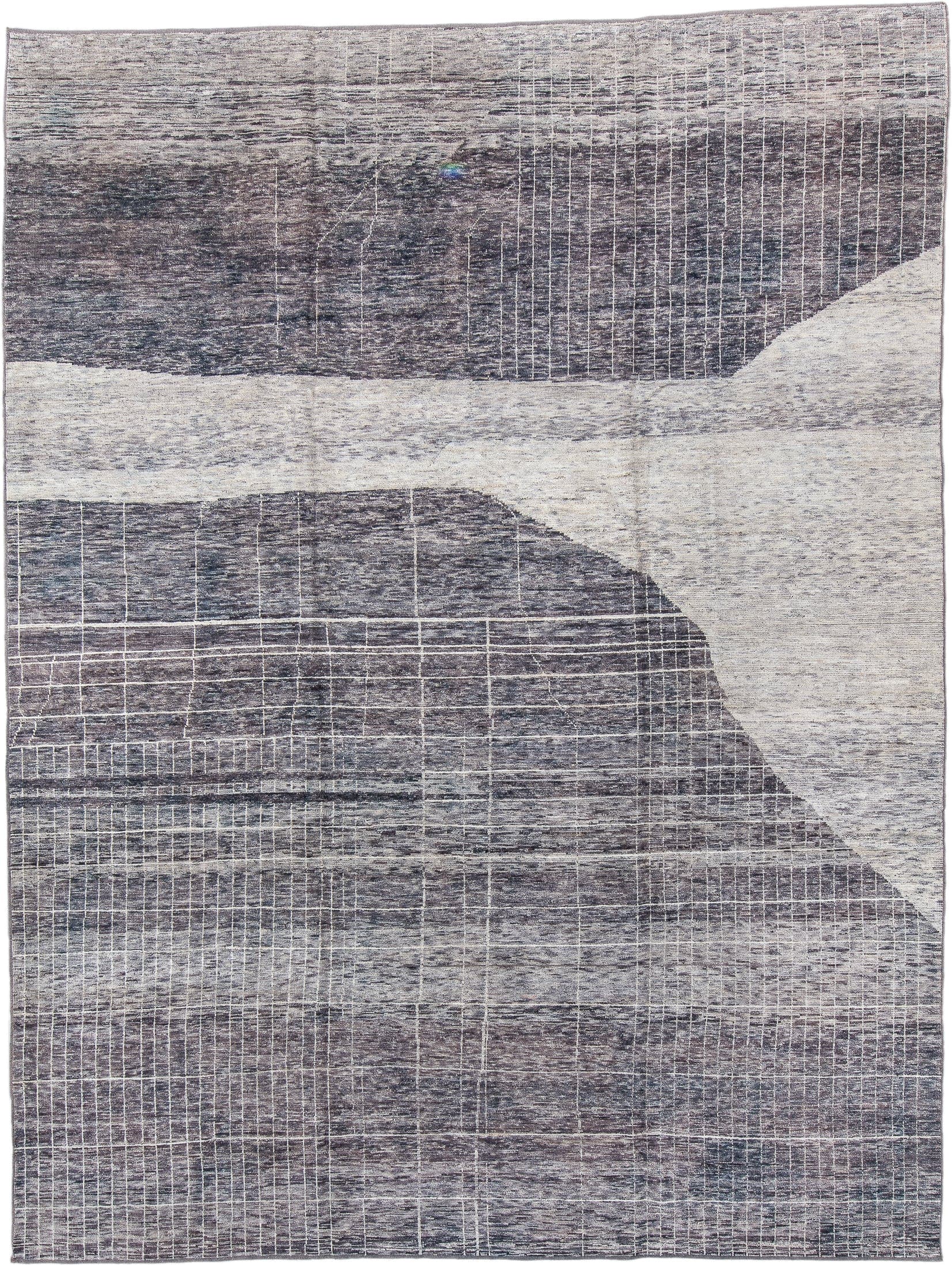 9' x 12' one-of-a-kind handmade vintage Tulu large size rug. Color palette: charcoal, ivory, gray, taupe, black, beige