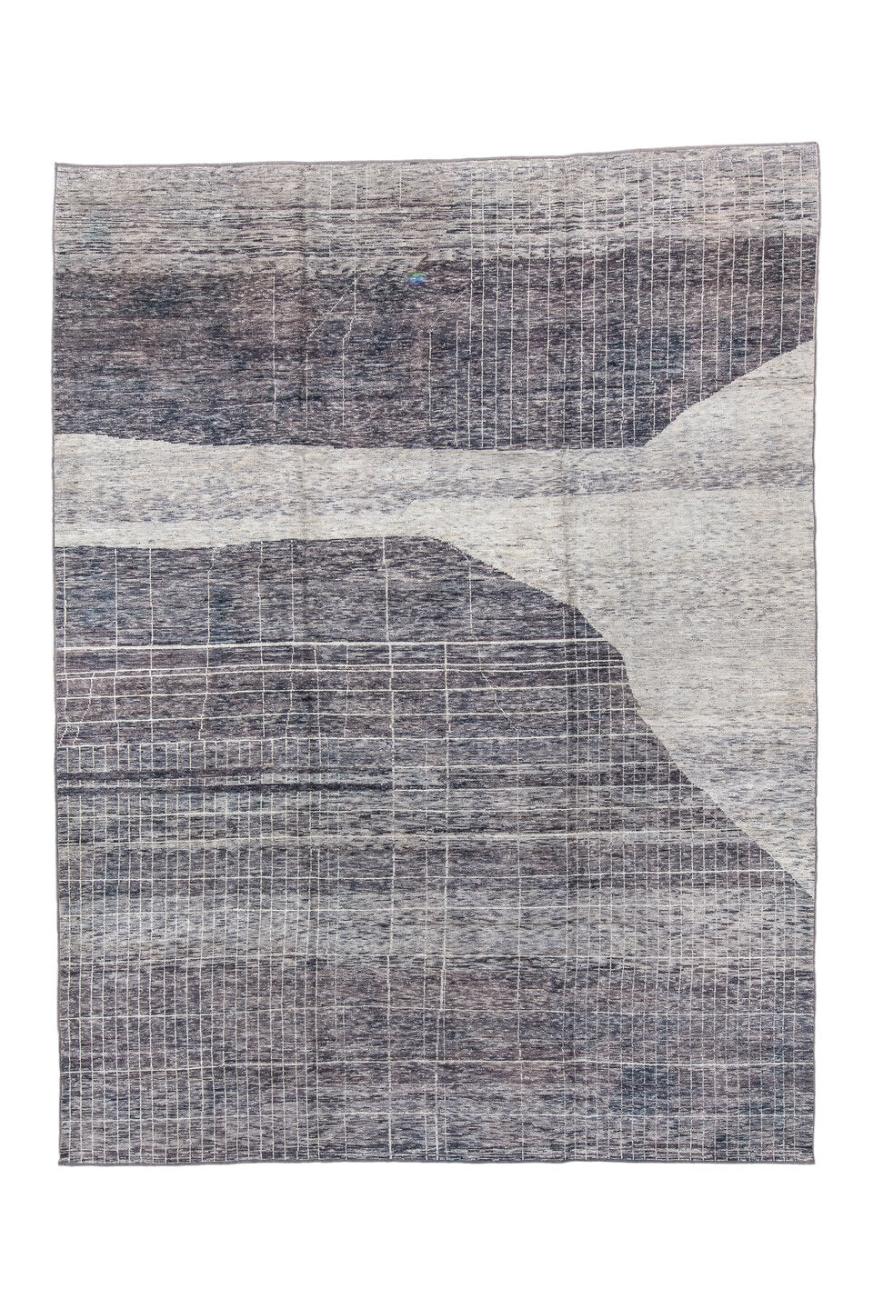 9' x 12' one-of-a-kind handmade vintage Tulu large size rug. Color palette: black, blue, charcoal, dark gray, dim gray