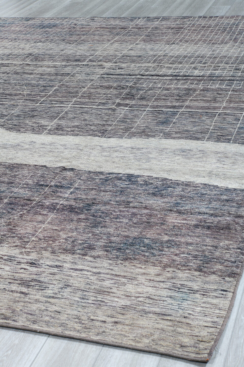 9' x 12' one-of-a-kind handmade vintage Tulu large size rug. Color palette: charcoal, ivory, gray, taupe, black, beige