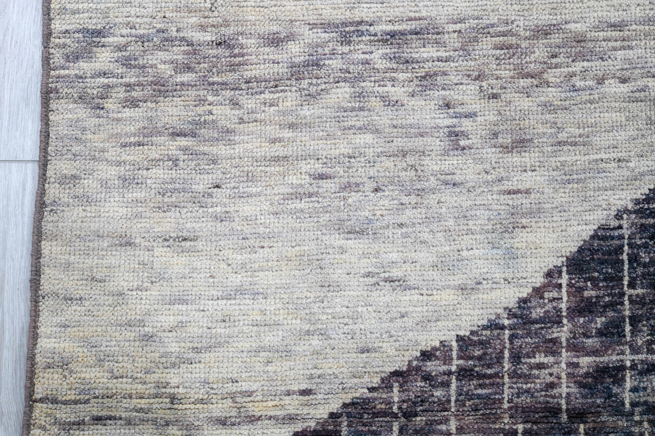 9' x 12' one-of-a-kind handmade vintage Tulu large size rug. Color palette: charcoal, ivory, gray, taupe, black, beige
