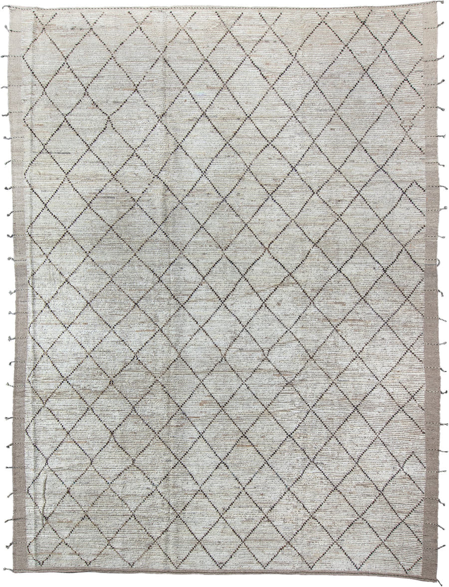 10' x 14' one-of-a-kind handmade vintage Tulu large size rug. Color palette: ivory, taupe, charcoal, cream, beige, gray