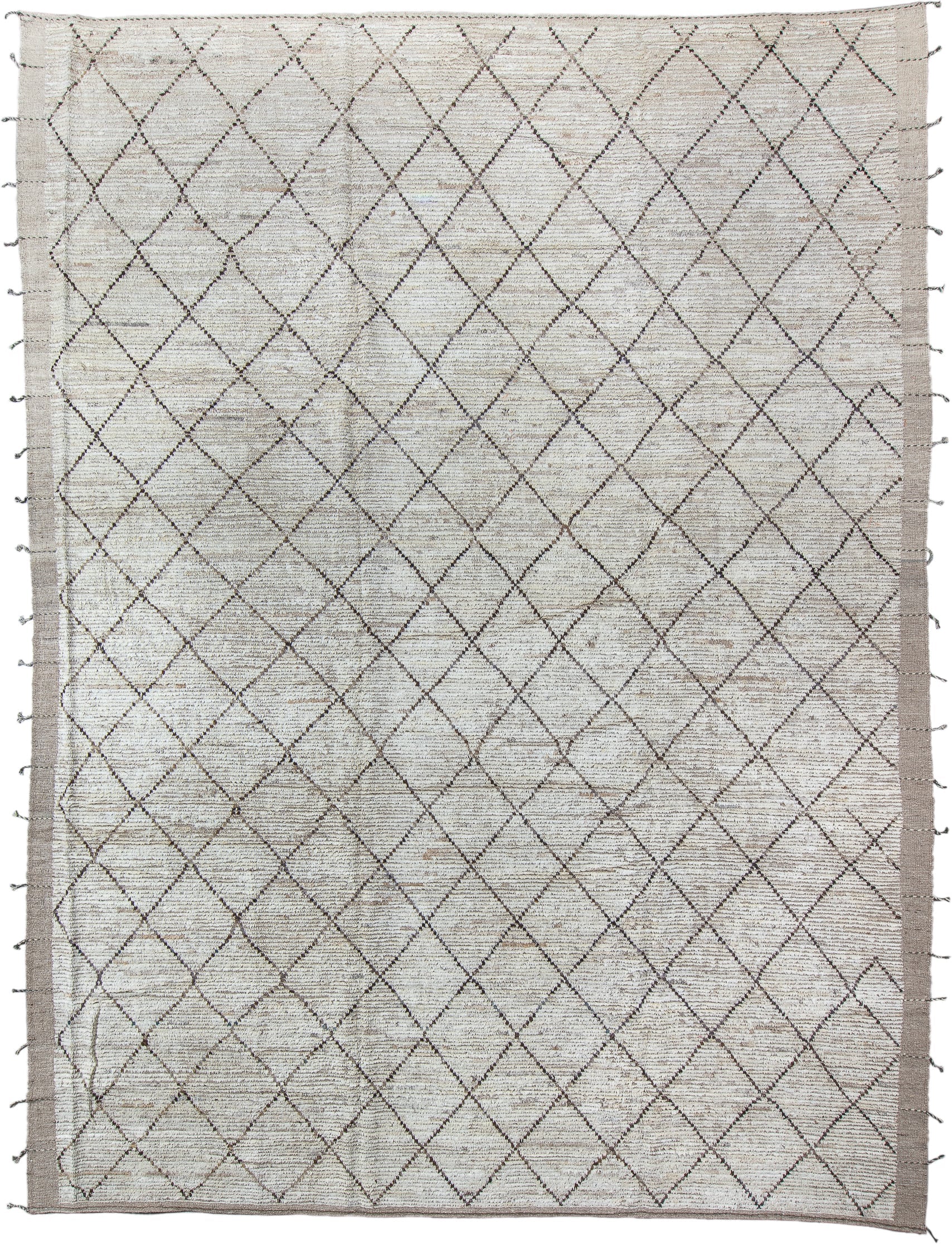 10' x 14' one-of-a-kind handmade vintage Tulu large size rug. Color palette: ivory, taupe, charcoal, cream, beige, gray