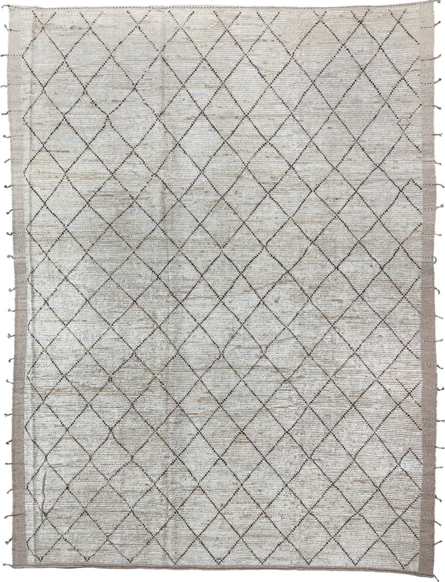 10' x 14' one-of-a-kind handmade vintage Tulu large size rug. Color palette: ivory, taupe, charcoal, cream, beige, gray