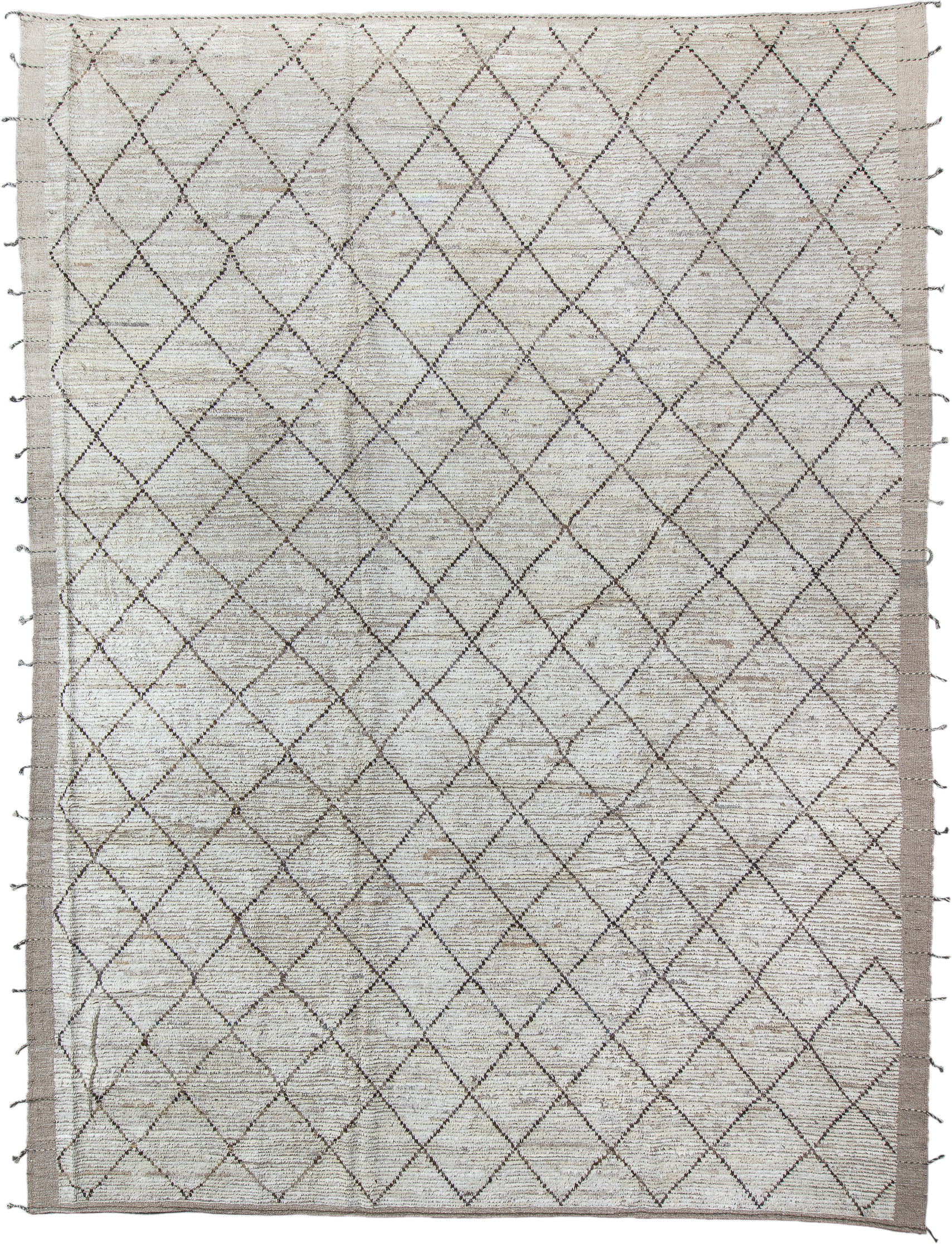 10' x 14' one-of-a-kind handmade vintage Tulu large size rug. Color palette: ivory, taupe, charcoal, cream, beige, gray