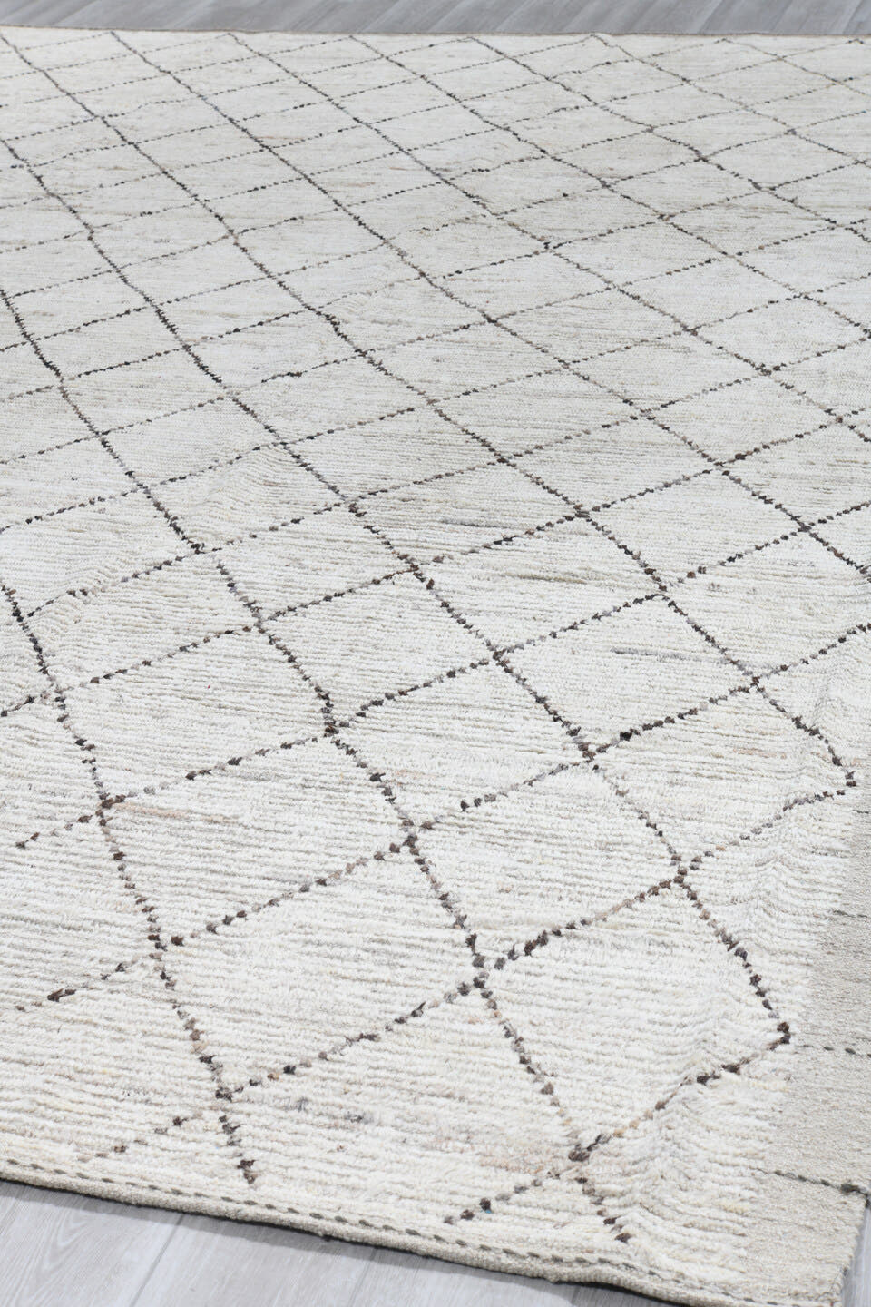10' x 14' one-of-a-kind handmade vintage Tulu large size rug. Color palette: ivory, taupe, charcoal, cream, beige, gray