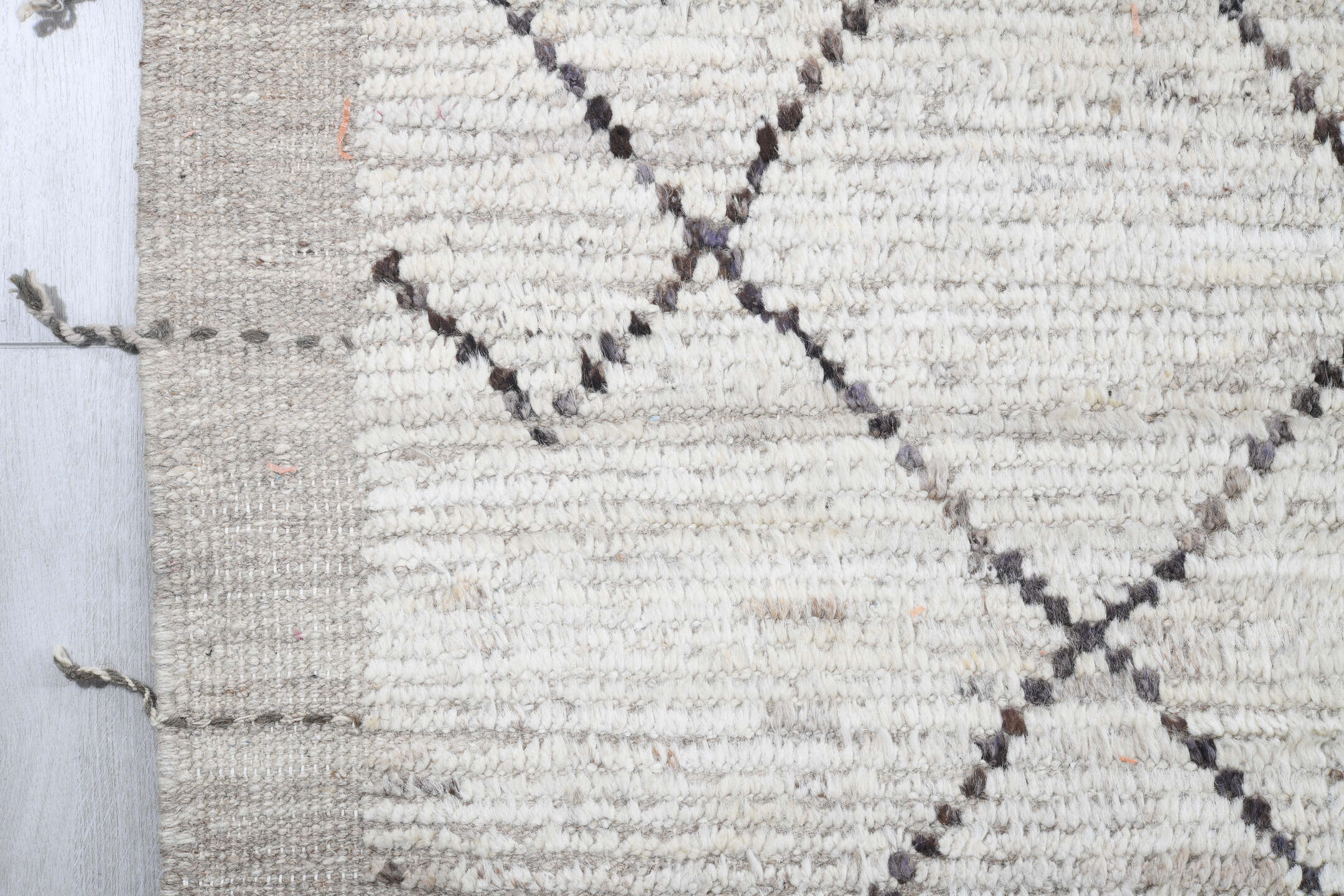 10' x 14' one-of-a-kind handmade vintage Tulu large size rug. Color palette: ivory, taupe, charcoal, cream, beige, gray