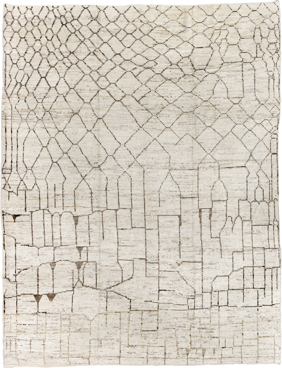 10' x 13' one-of-a-kind handmade vintage Tulu large size rug. Color palette: ivory, taupe, charcoal, cream, beige, gray