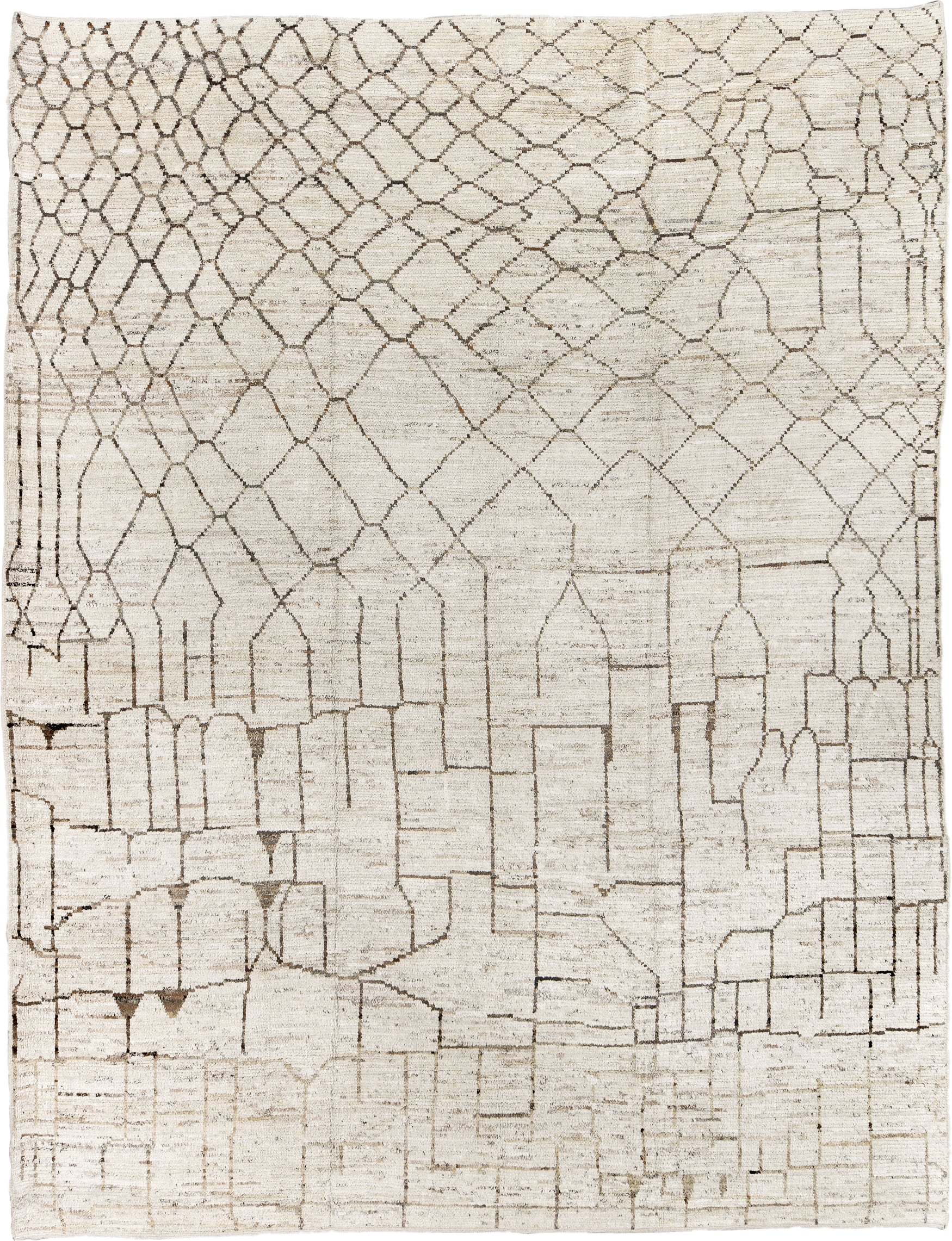10' x 13' one-of-a-kind handmade vintage Tulu large size rug. Color palette: ivory, taupe, charcoal, cream, beige, gray